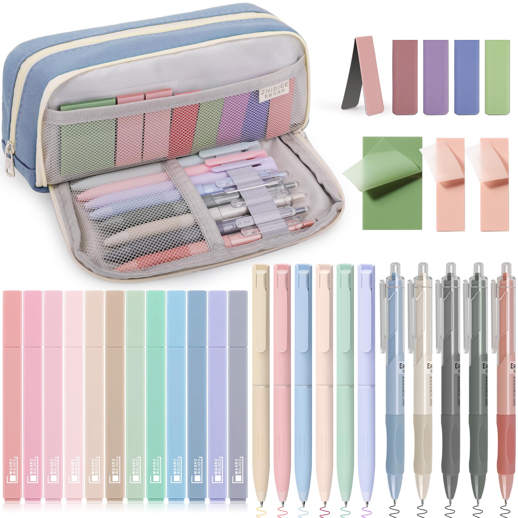 COZCLAM 32pcs Aesthetic Stationery Supplies with Blue Pen Case, 12 Pastel Highlighters, 6 Colour Pens, 5 Black Pens