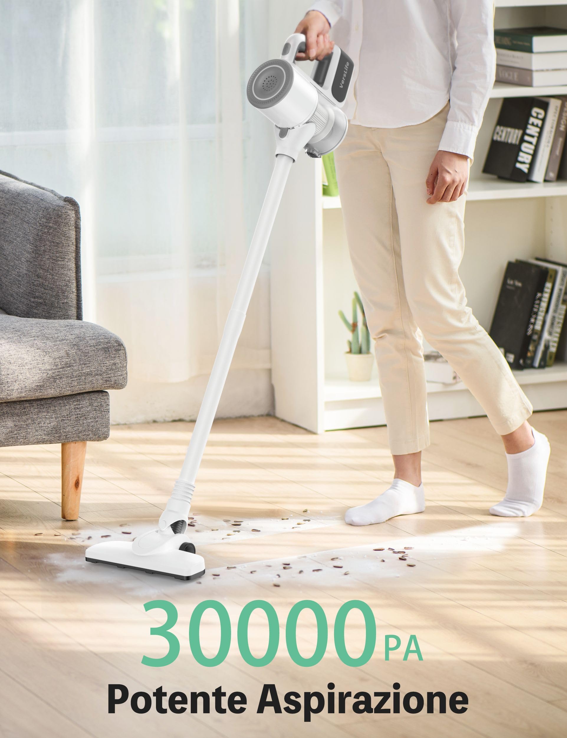 VersLife S6 Aspirapolvere Senza Fili, 30KPa Scopa Elettrica Senza Fili, Batteria Ricaricabile, 3 in 1 Aspirapolvere Portatile, 35 Minuti di Autonomia, per la Pulizia di Tutti i Tippi di Pavimenti