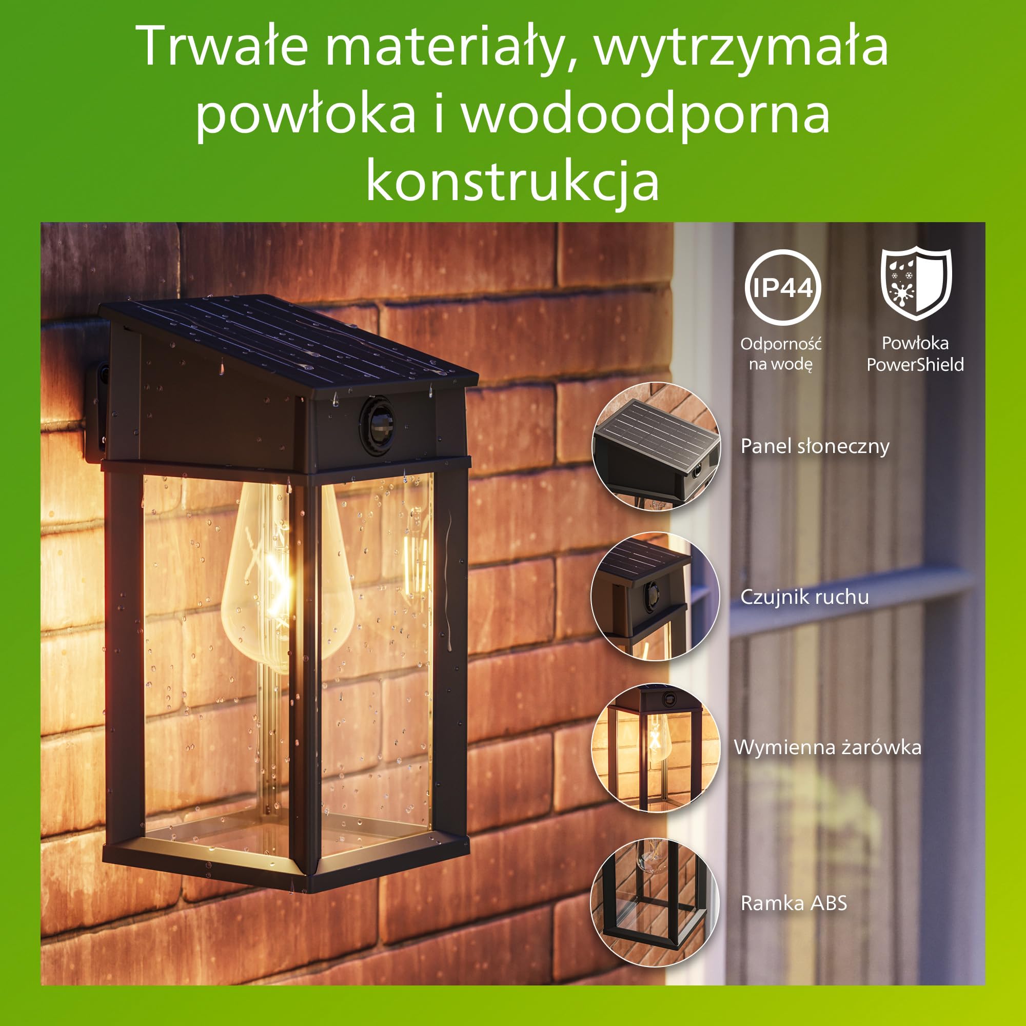 Philips Geri UltraEfficient Zewnętrzna Solarna Lampa Ścienna, Wymienna Żarówka Solarna, Czujnik Ruchu, 2700K, Kwadratowa, Czarna