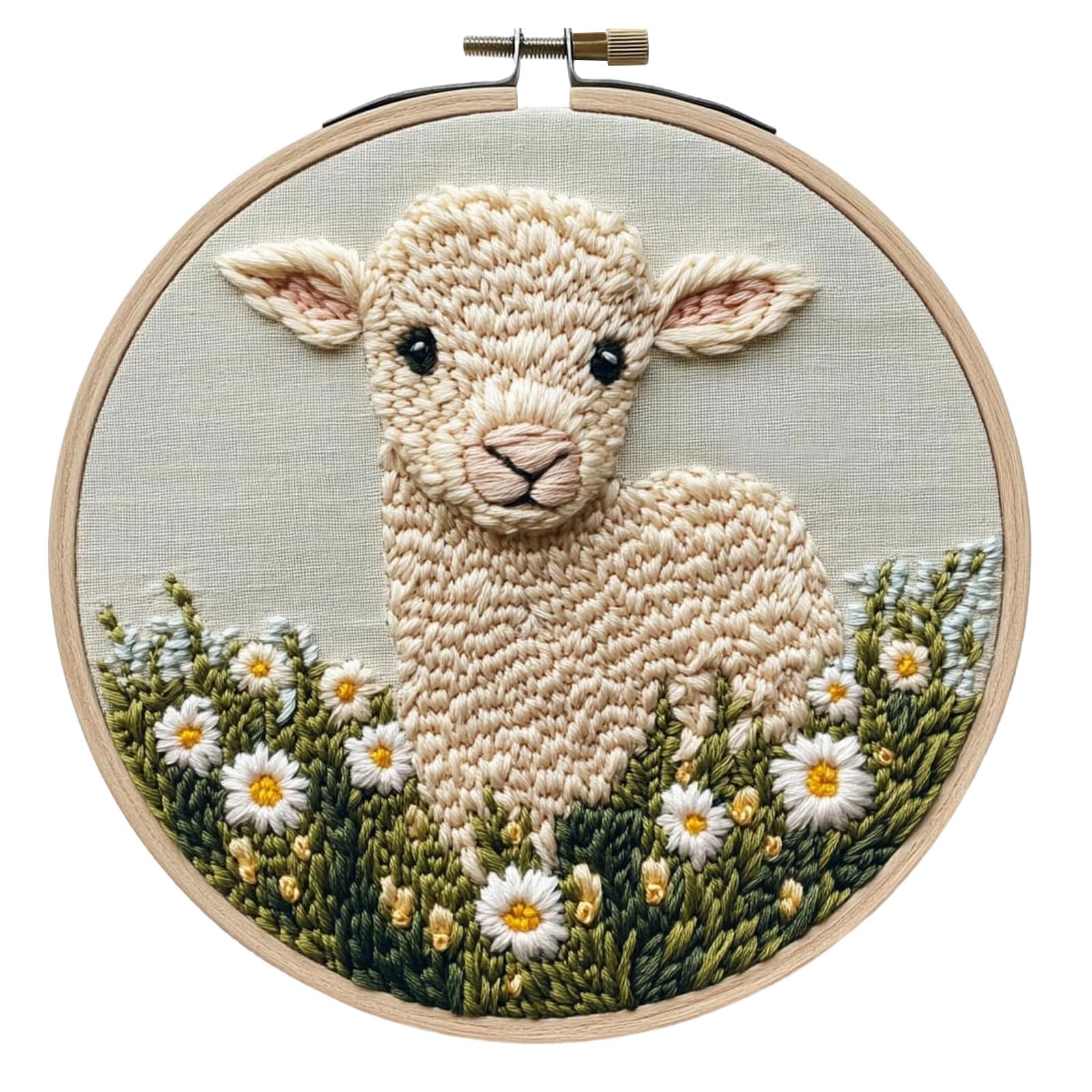 GLLBTPT Punch Needle Kit for Adults Beginner – Cartoon Sheep with Daisy Flower DIY Embroidery Set, Includes Printed Cloth, Cotton Thread Pack, Punch Needle, Frame & Instructions