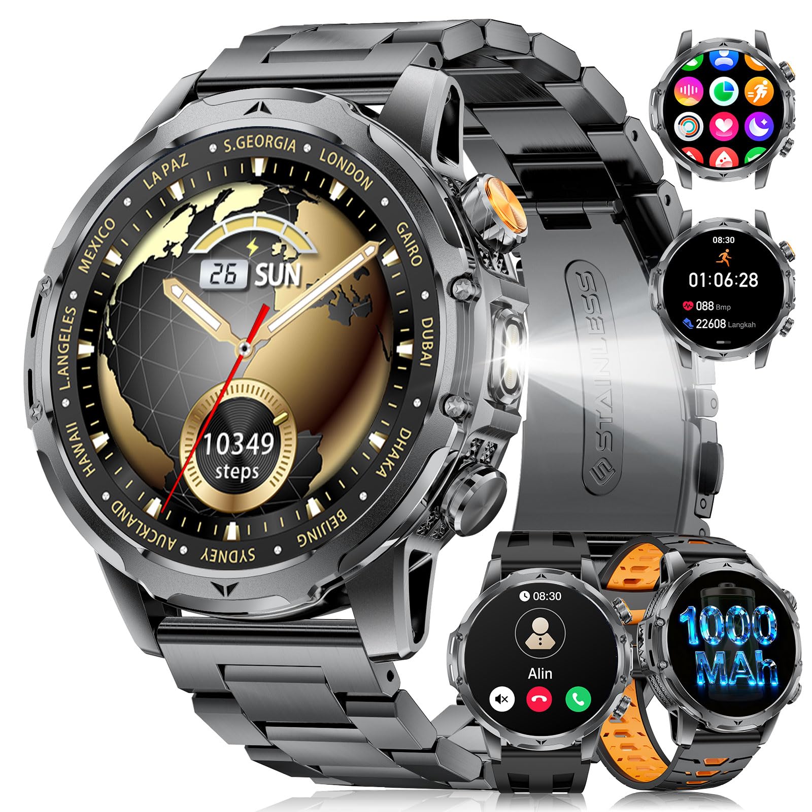 Reloj Inteligente Hombre Militar LED Linterna/1000mAh Batería/3 Correas, 1.53"Smartwatch Hombre con Llamadas, 120+ Modos Deportivos, 5ATM Impermeable Pulsómetro Podómetro Android iOS Negro Acero