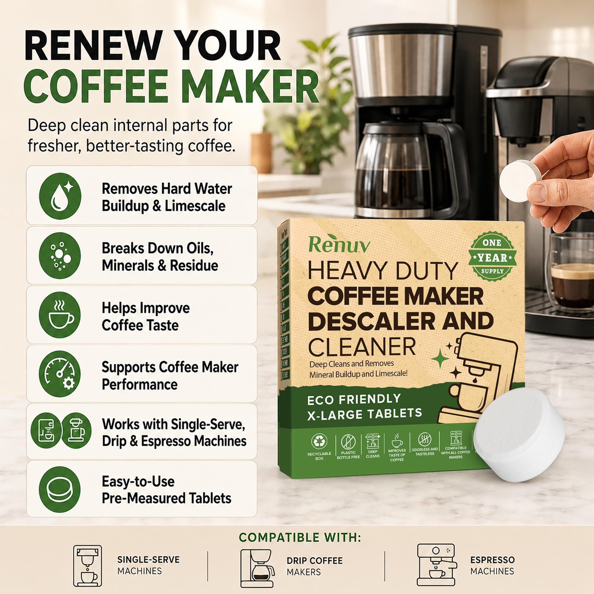 Renuv Pastillas descalcificadoras y limpiadoras para cafetera, suministro de 1 año funciona con Breville, Delonghi, Keurig, Nespresso, Miele, Ninja, Jura, Mr Coffee, cafetera Cuisinart y máquinas de