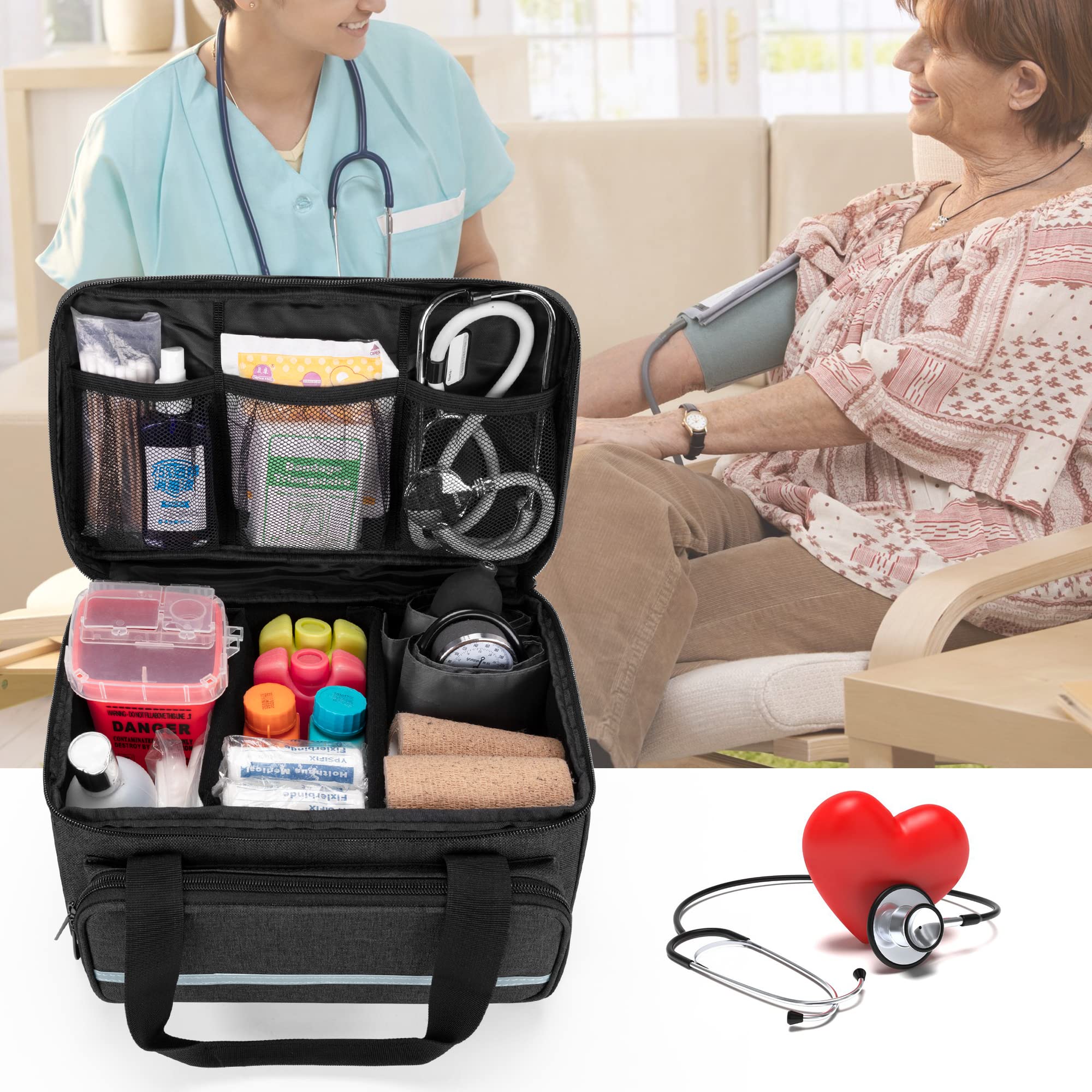 CURMIO Borsa Medica Vuota, Borsa Infermiere Domiciliare, Kit Pronto Soccorso per Visite Domiciliari, Assistenza Sanitaria o Viaggi, Nero (in Attesa di Brevetto)