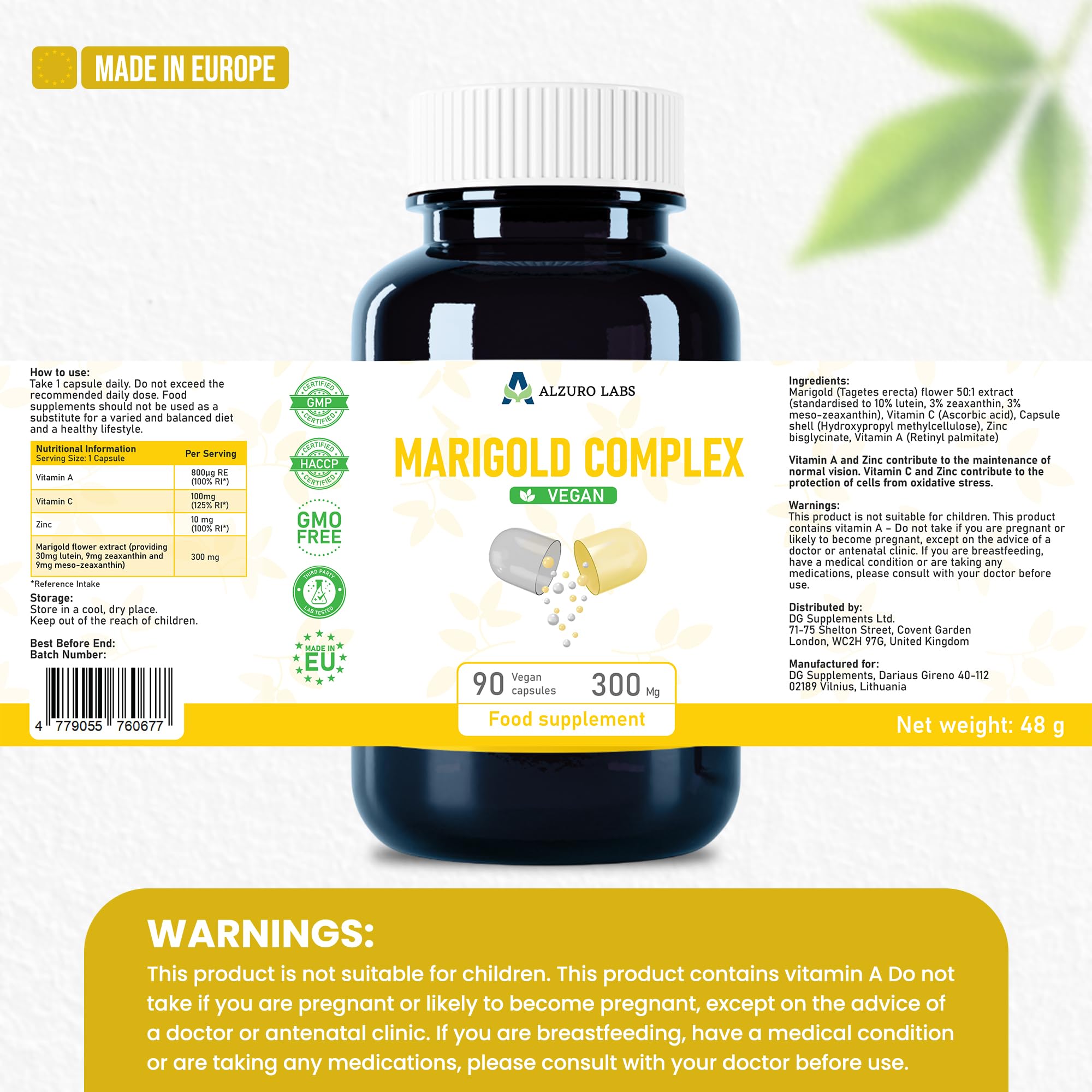 Lutéine 30 mg, Zéaxanthine 9 mg & Méso-zéaxanthine 9 mg | complexe triple caroténoïde pour les yeux | vision normale | vit. A, C & zinc | 90 gélules végétales | BPF & testé en lab. tiers