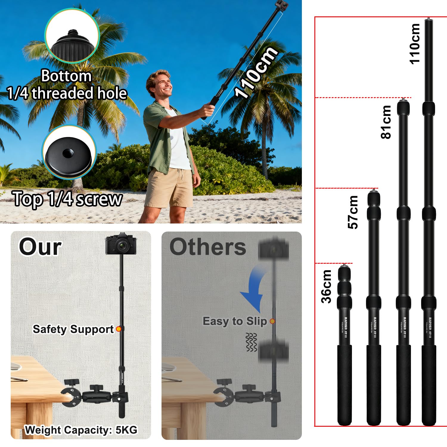 Moto Cámara Montaje Kit con Osmo 360 Osmo Nano, Bicicleta Doble Abrazaderas Manillar Soporte con 43" Palo Selfie Invisible compatible con Insta360 X5-X para UTV y Vlogging Registros de Conducción