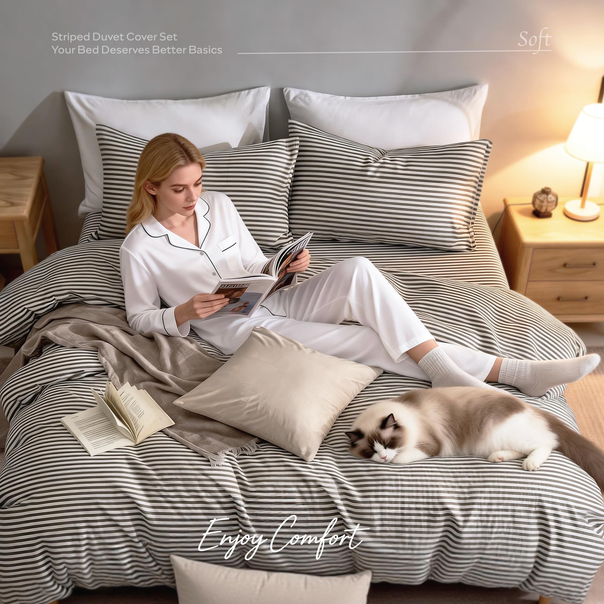 JELLYMONI 100% Natural Cotton 2pcs Striped Duvet Cover Sets,White with Grey Stripes Pattern Printed Comforter with Zipper Closure & Corner Ties(Twin Size)