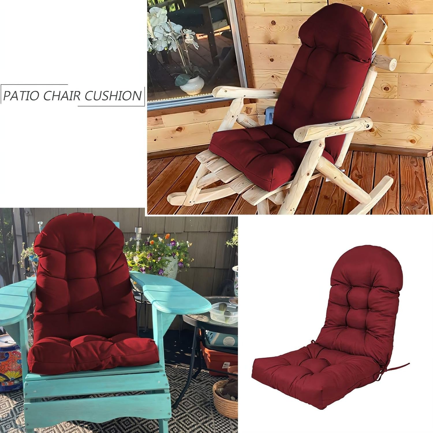 Adirondack Chair Cushion, Rocking Chair Cushion, Non-Slip High Back Patio Chairs Cushions with Ties, Waterproof Thickened Chair Pad for Indoor and Outdoor, 45x20x5 inch, Wine Red, 1-Pack