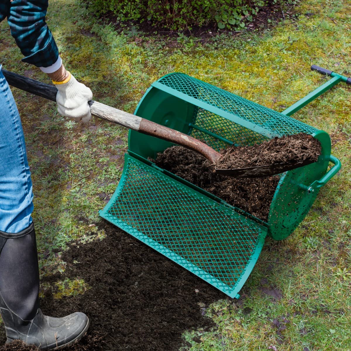 Esparcidor de Abono & Musgo de Turba Verde Capacidad 80L para Compostaje de Jardín con Mango Extensible, Esparcidor de Compost Fertilizante Estiércol para Cuidado de Césped Mantillo + Guantes GRATIS