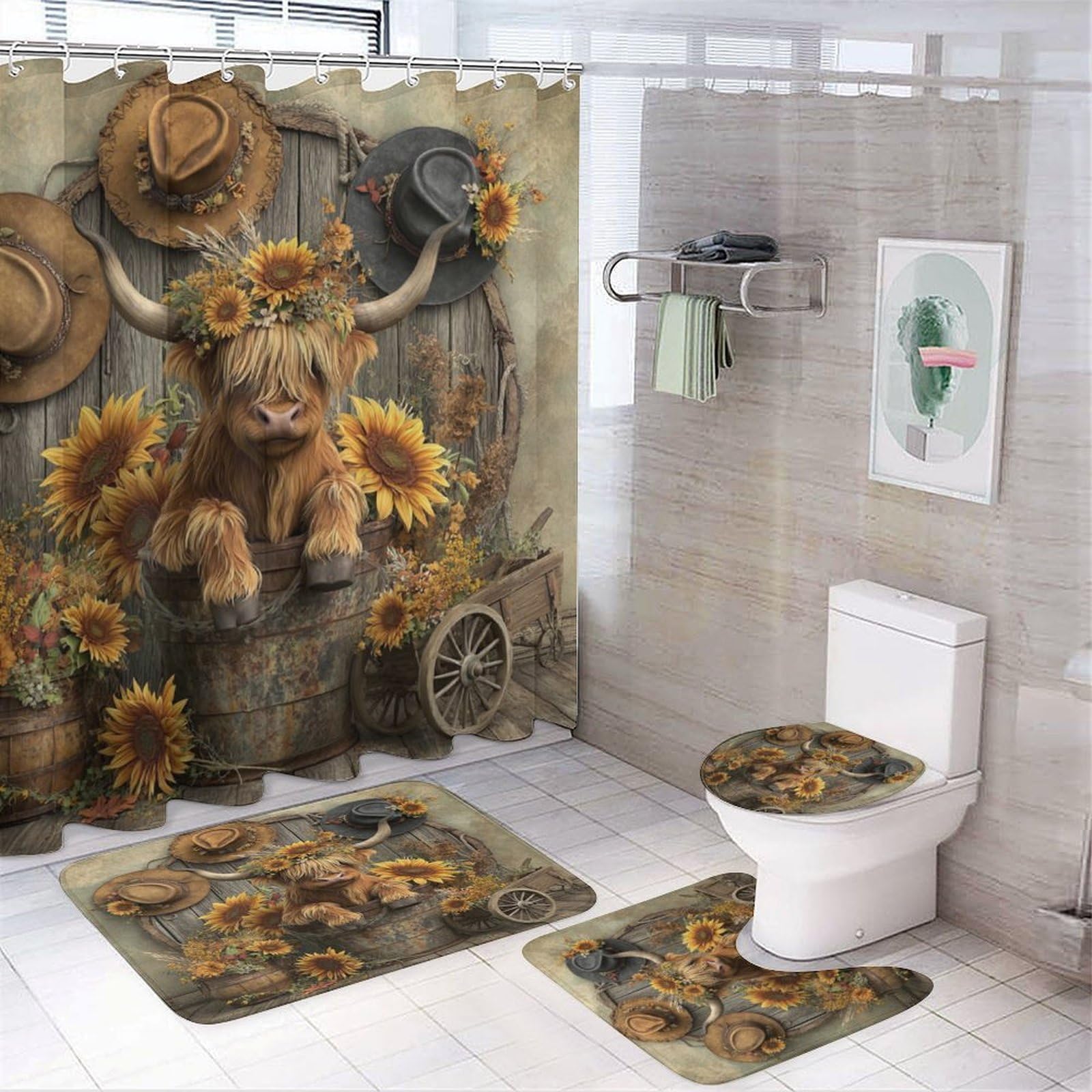 Msykanix Rustic Cute Highland Cow Shower Curtain Set,Colorful Vintage Western Farmhouse Barn Cow Flower Sunflowers Shower Decor Sets With Rugs Bathroom Accessories Set With 12 Hooks