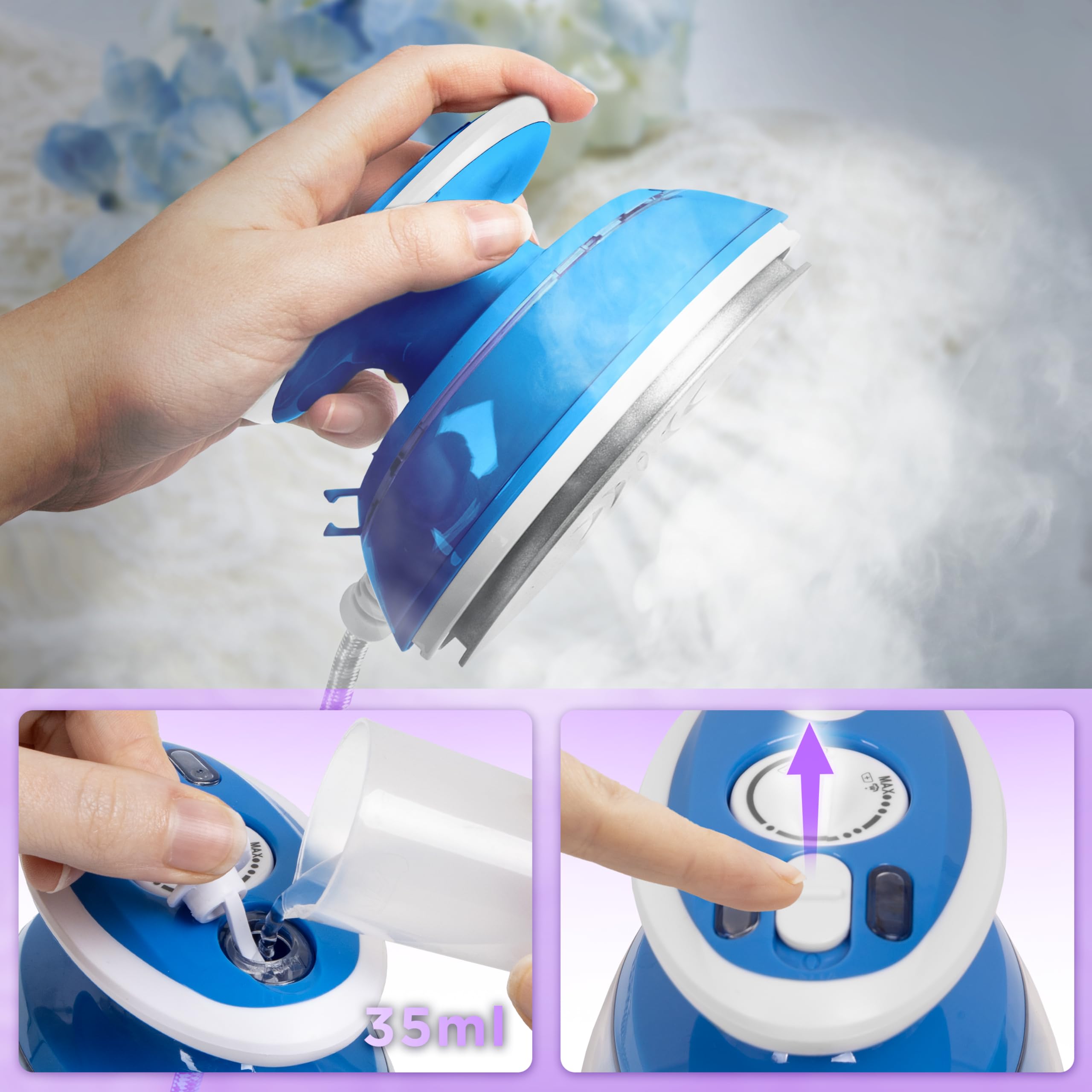 Duronic SI3 BE Mini Ferro da Stiro, Ferro da viaggio a vapore 400W, Serbatoio 35ml, Steamer portatile con base d’appoggio e borsello da viaggio, Per lavori di cucito, quilting, Blu