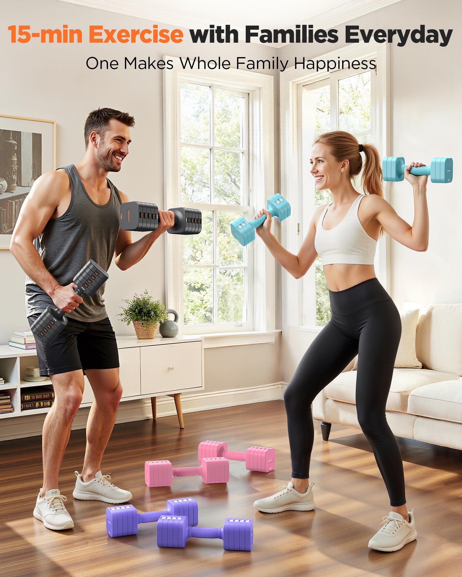 FEIERDUN Set di 2 manubri regolabili 5 in 1, pesi da 9,1 kg/4,5 kg, per donne, 1s, set di manubri a doppia stabilità, per casa, palestra e attività all'aperto