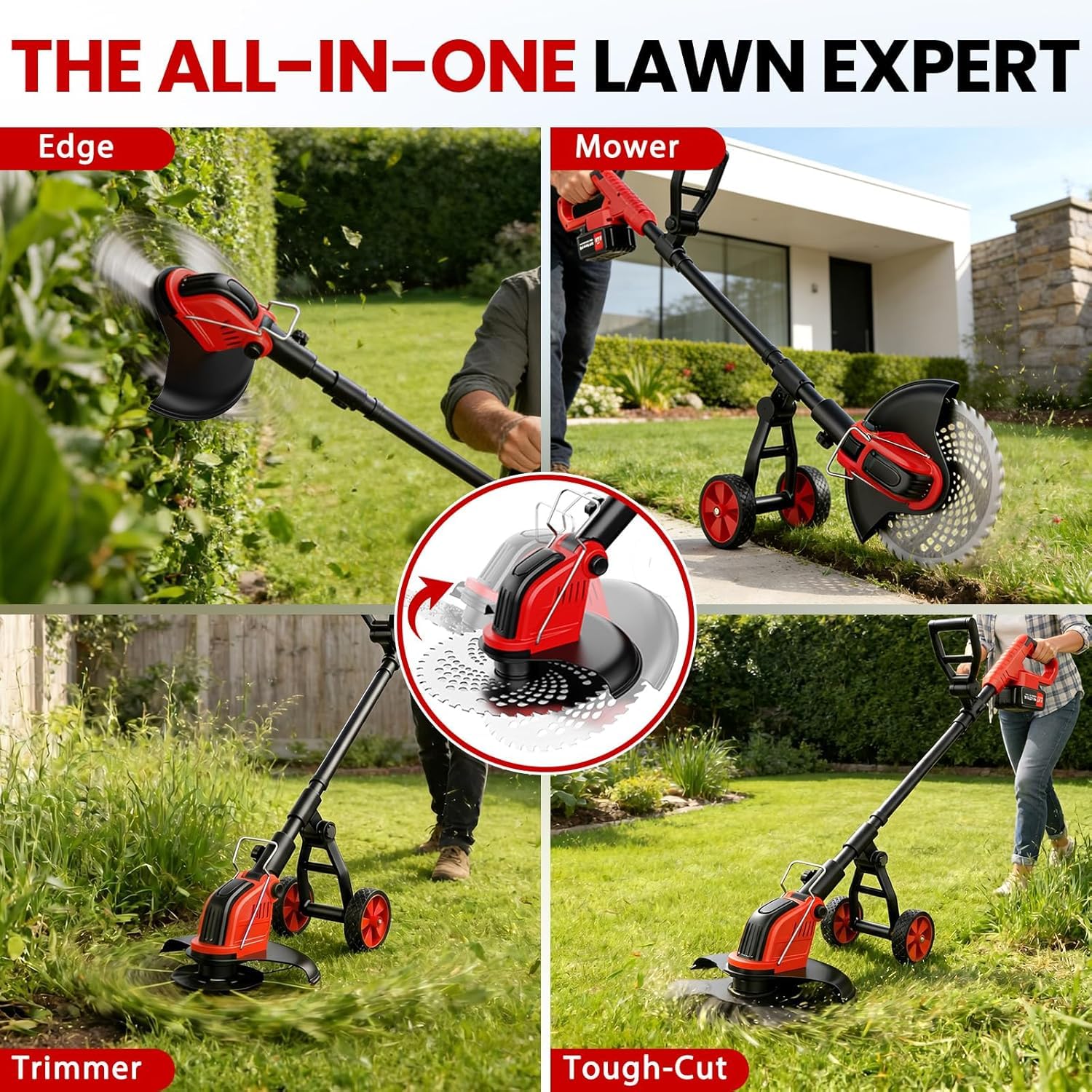 Akku Rasentrimmer 12 Zoll, 20.000 U/min Bürstenlosmotor, 4-in-1 Multifunktions Rasenkantenschneider, 2×3.0Ah Akku, 4 Klingentypen, Rasenmäher mit Rädern für Garden und Rasen