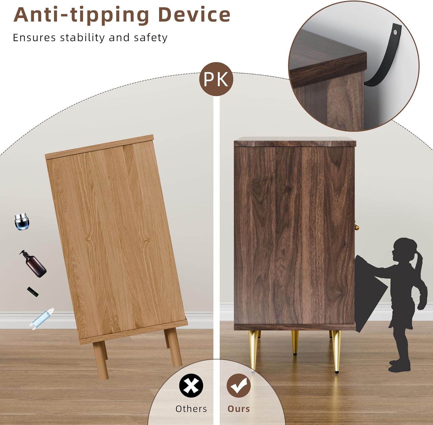 Walnut and Rattan 3-Door Accent Storage Cabinet