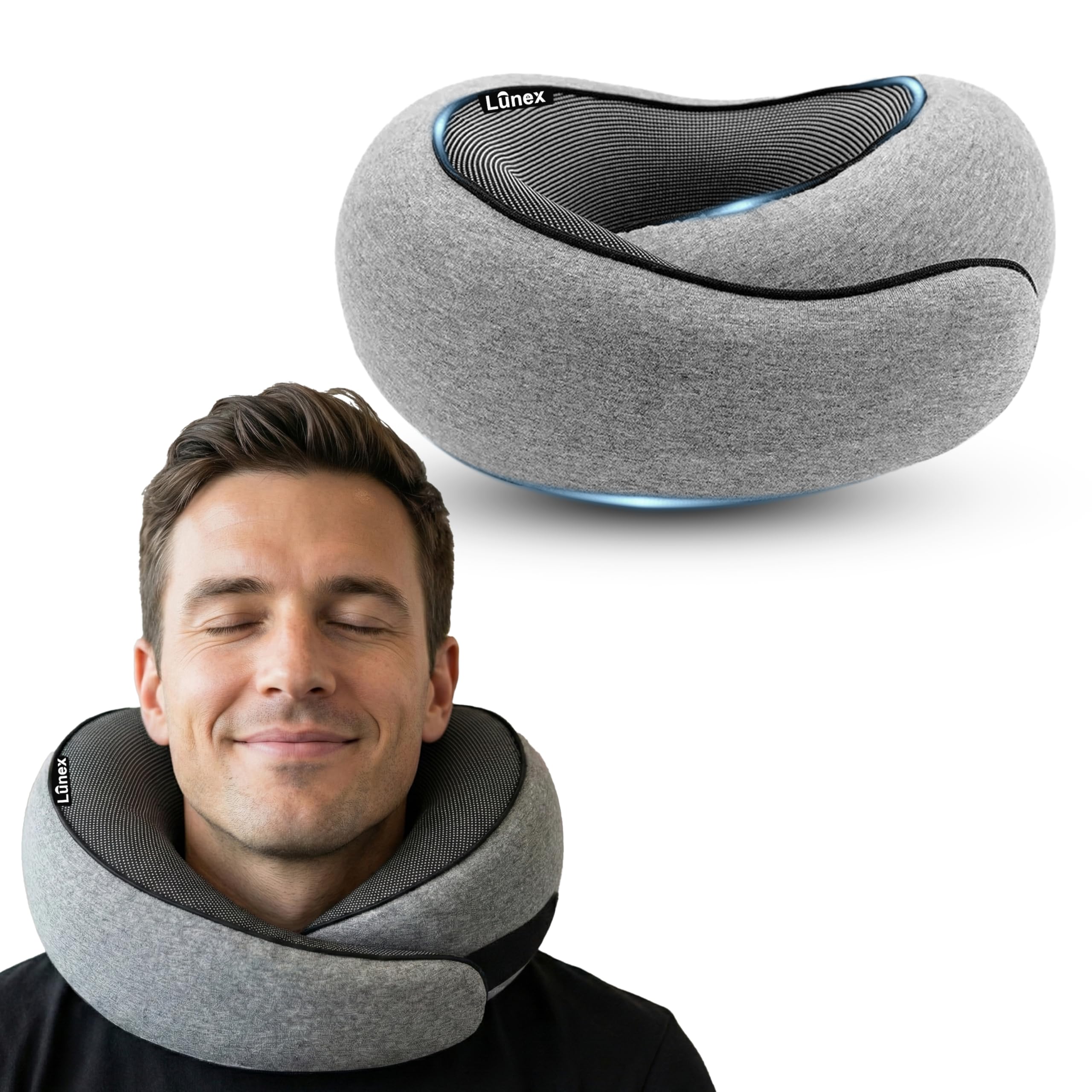 LUNEX Travel Neck Pillow - Premium Neck Pillow for Travelling | Soft Memory Foam Travel Pillow for Comfortable Neck Support on Flights, Trains & Cars | Grey