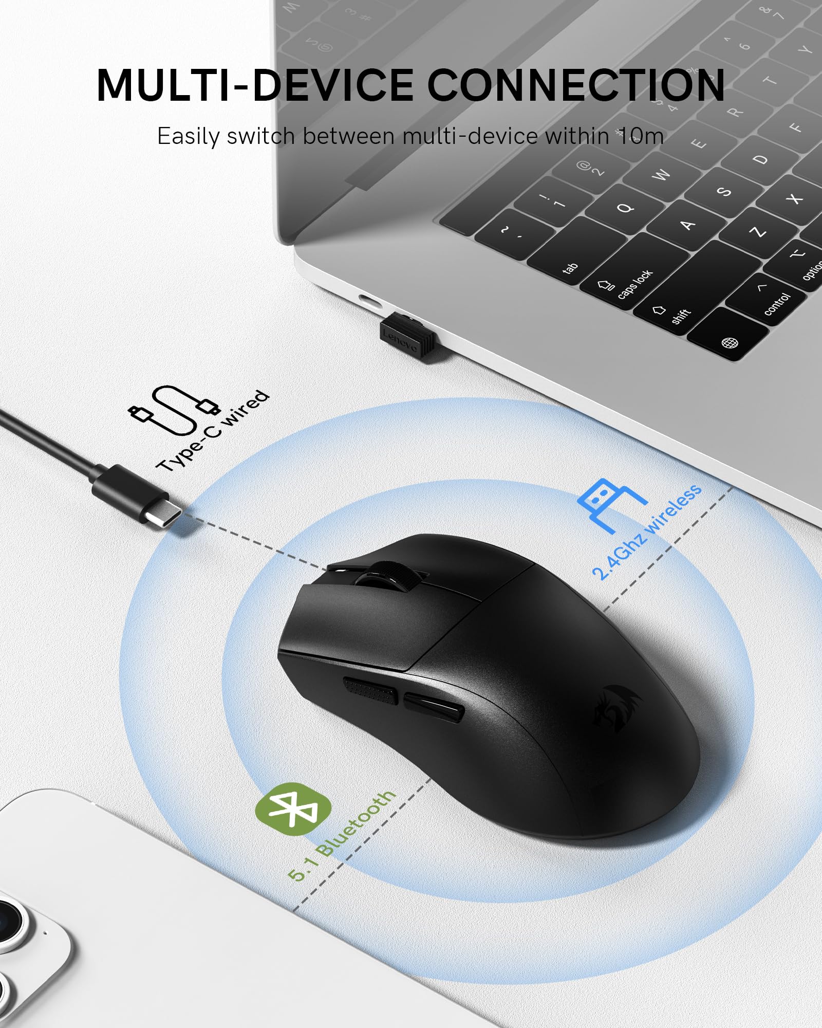 Redragon M821-AIR - Mouse da gioco wireless, Tri-Mode 2.4G/USB C cablato/Bluetooth, mouse da gioco per PC, laptop, Mac, Windows, leggero, fino a 128000 DPI regolabile, 7 pulsanti macro programmabili