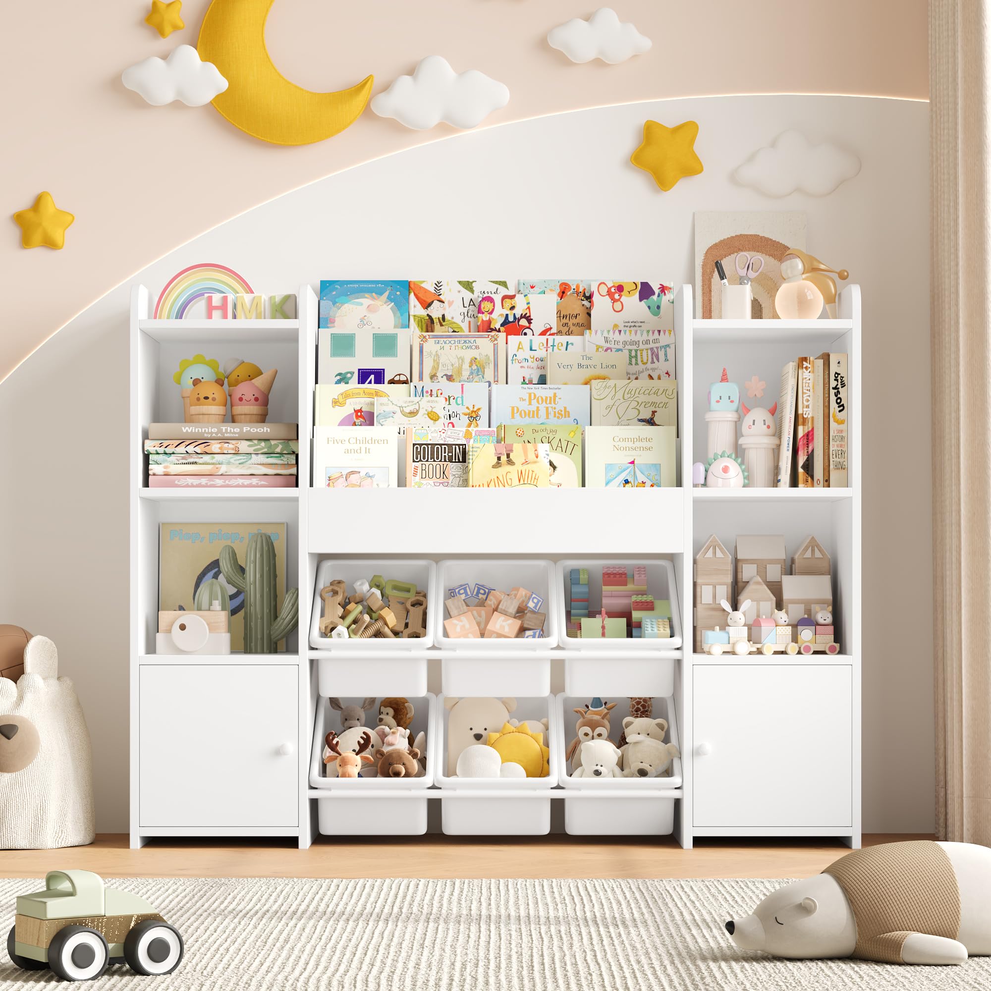 FOREHILL Meuble Rangement Enfant Bibliothèque Enfant avec 6 Boîtes Amovibles 12 Étagères Rangement Jouet Enfant pour Chambre d’Enfant Salle de Jeu Blanc