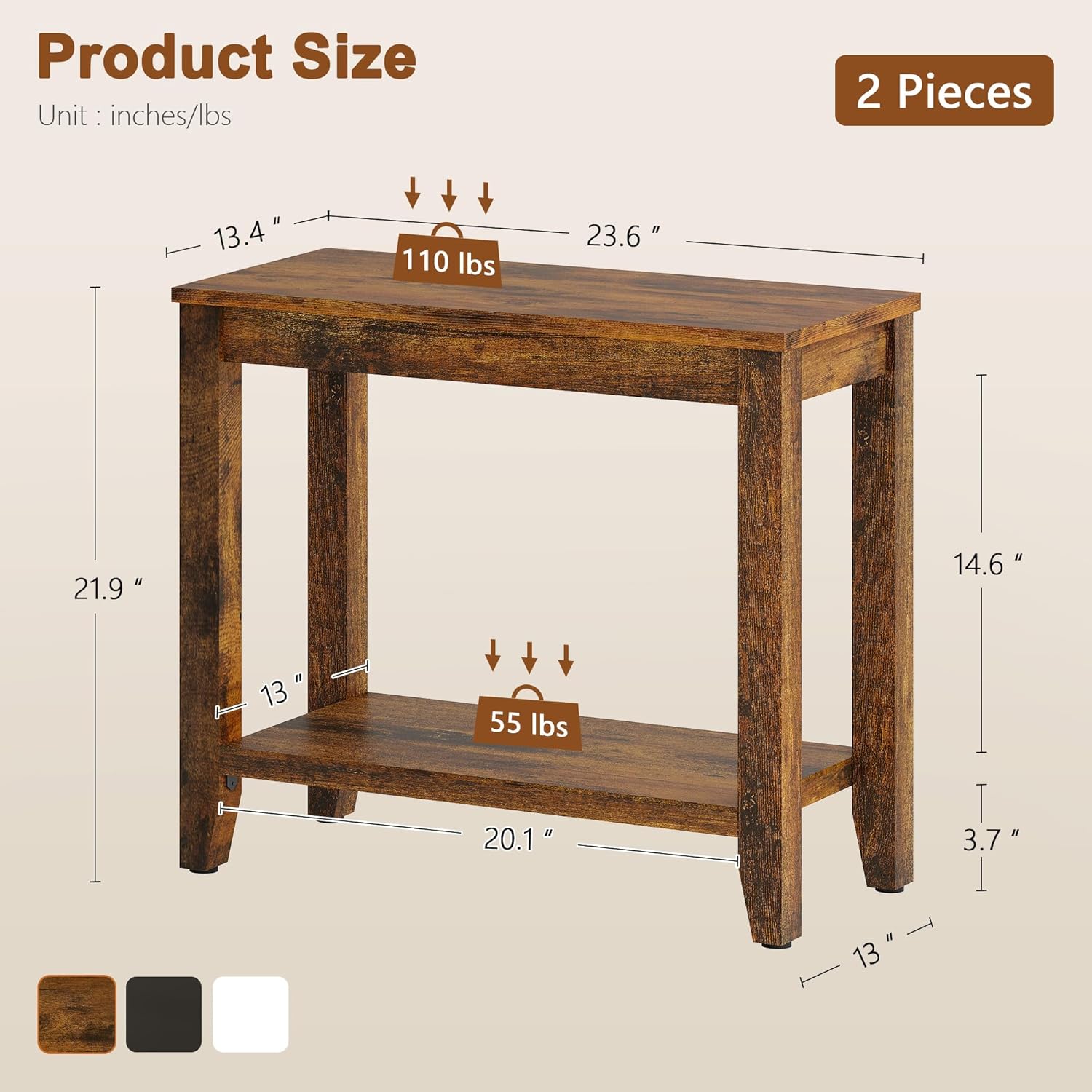 Hoctieon End Table with Double Storage Shelves, Sturdy Wooden Side Table for Living Room, Bedroom, Modern Nightstand Sofa Table for Small Spaces, Rustic Brown, Set of 2