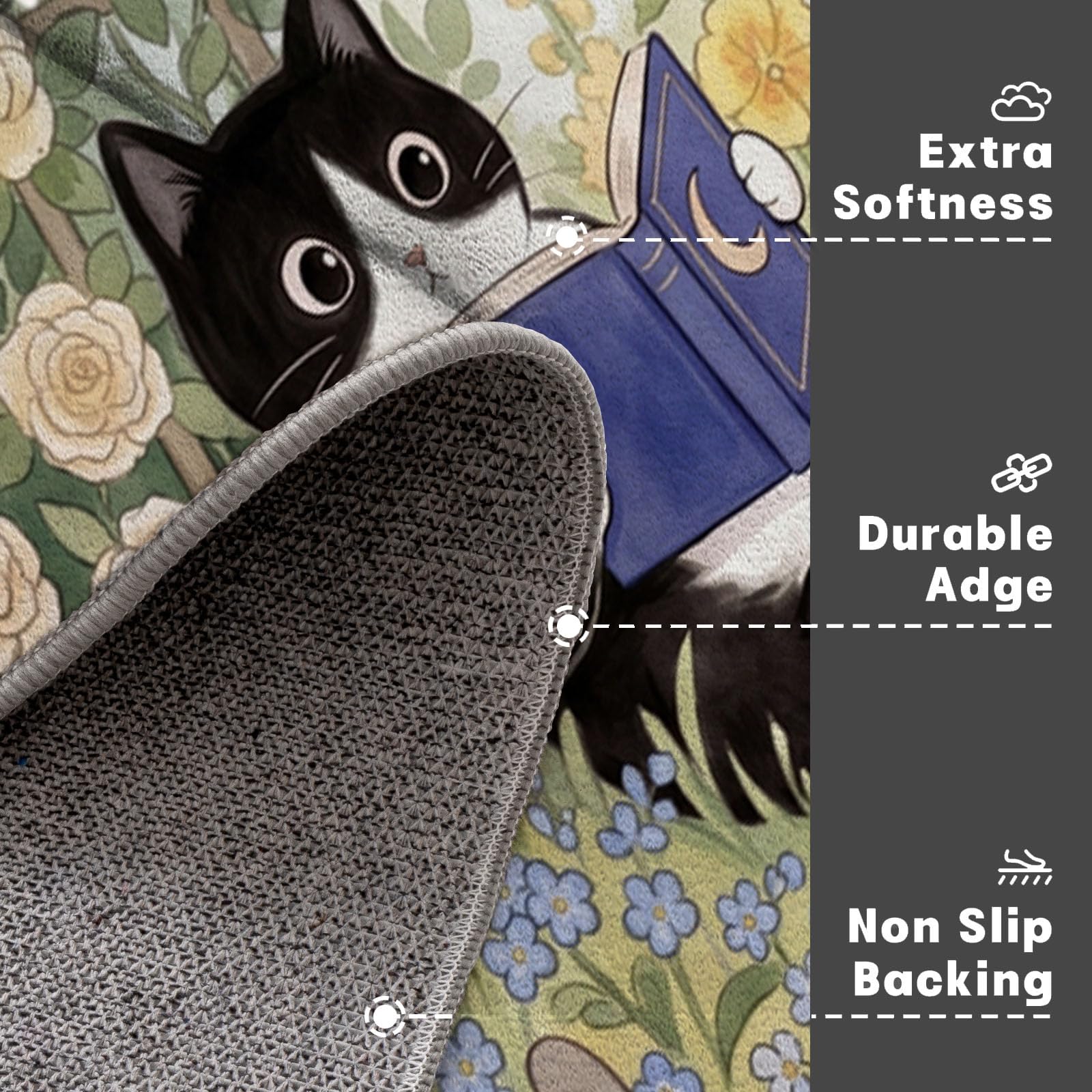 Felpudo Ultrafino Para Interiores,90X150Cm,Jardín De Gatos Campestres Alfombra Antideslizante Lavable Para Entrada,Animales Divertidos Para Leer Felpudo De Perfil Bajo,Atrapa Suciedad,Verde Salvia