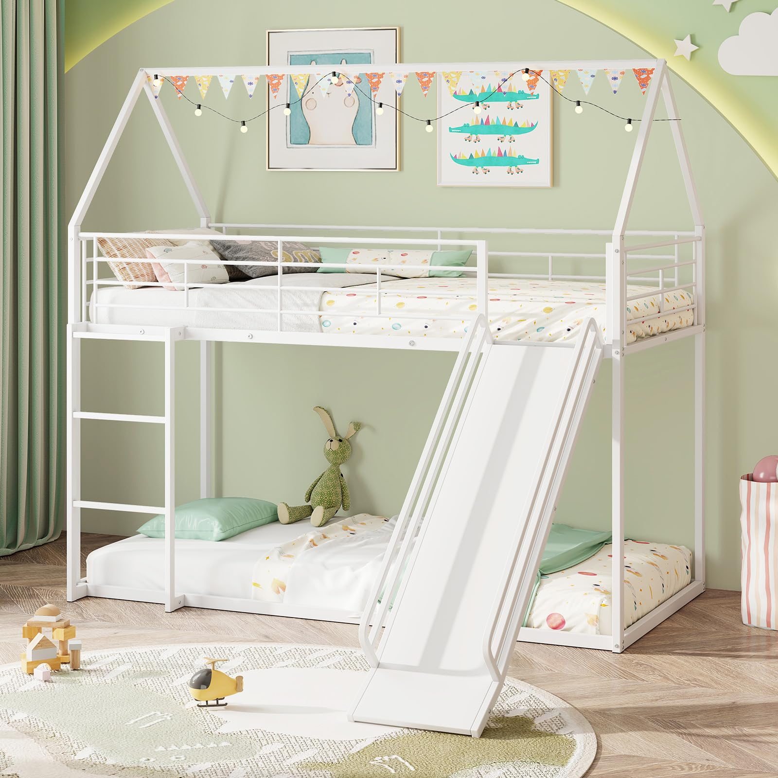 COSTWAY Metal Bunk Bed with Slide, House Shaped Kids Loft Bed Frame with Safety Guardrail & Ladder, Heavy-Duty High Sleeper Beds for Kids Teens (White)