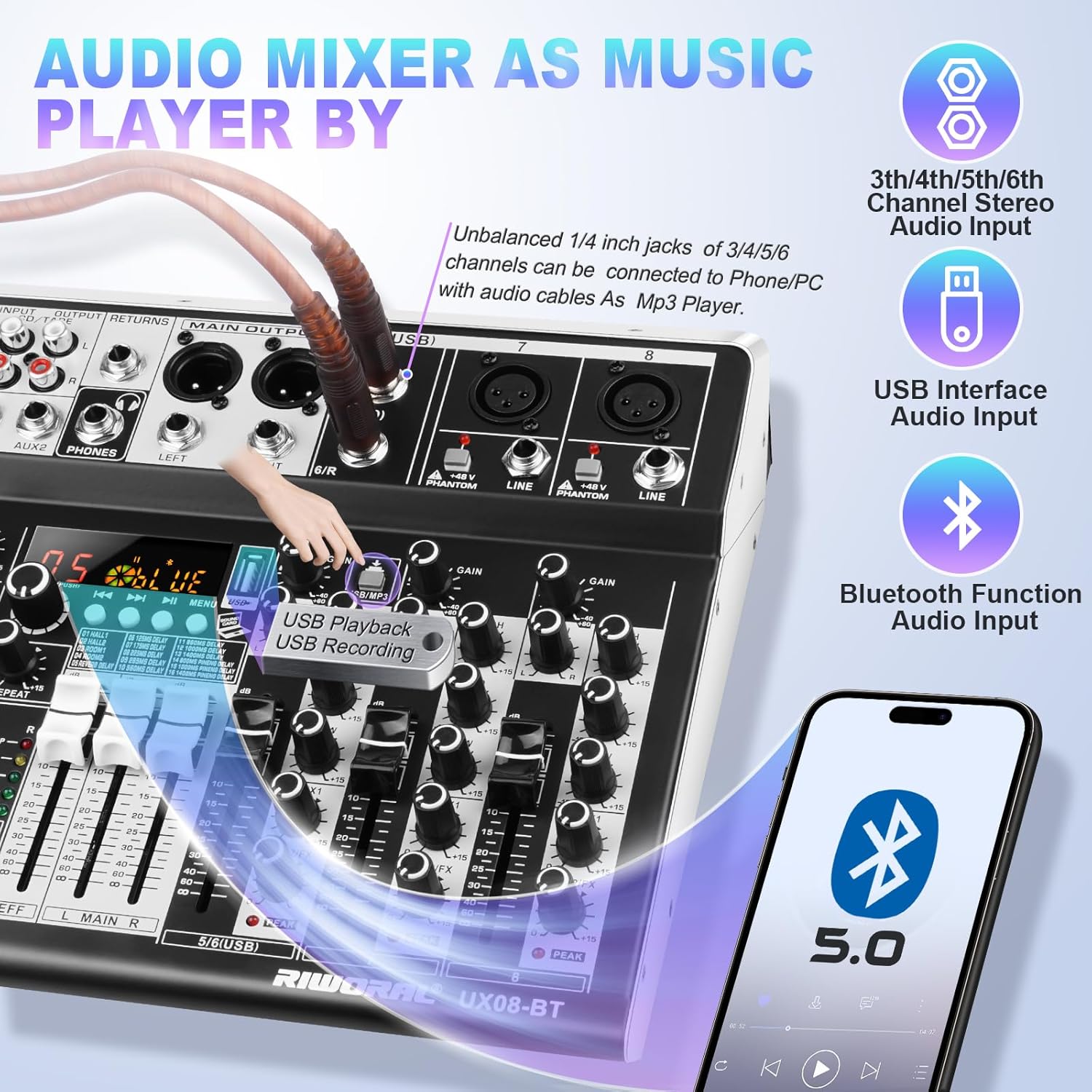 8 Channel Audio Mixer DJ Mixer Sound Board Console 16 Dsp USB Audio Interface MP3 Input +48V Phantom Bluetooth Studio Mixer Audio For Karaoke Streaming Recording