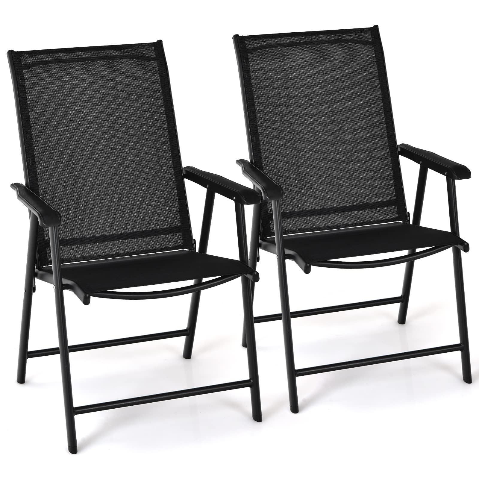 Tangkula Set of 2 Patio Folding Chairs, Outdoor Fabric Dining Chairs with High Back & Armrests, Sturdy Metal Frame for Patio Lawn Garden (Black)