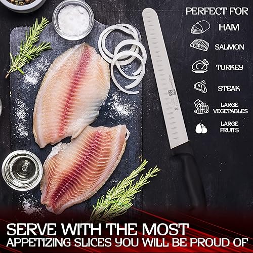 Miniatura 4 de Light 'n' Mighty Cuchillo de rebanar de 12 pulgadas con borde Granton para rebanar pavo, asado o bistec | Cuchillo para rebanar carne, acero alemán