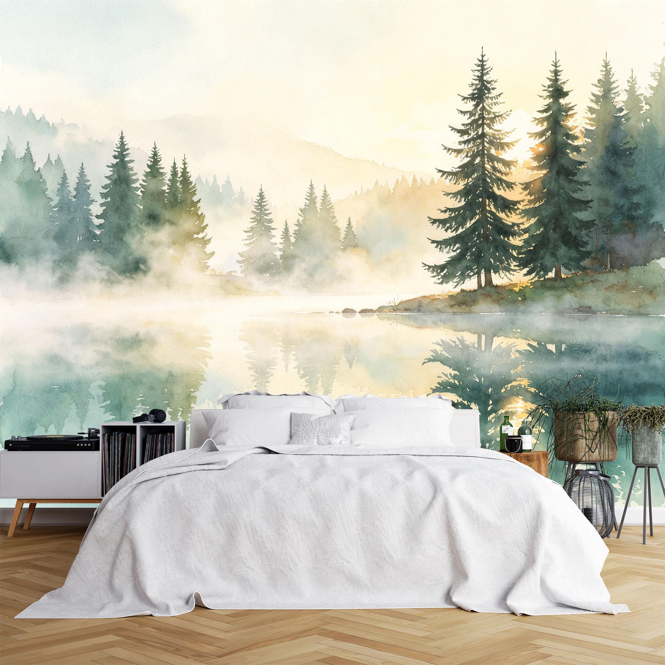 Custom Size Wall Murals Watercolor Lake Forest with Misty Pine Trees at Sunrise, HD Self-Adhesive Wall Fabric (NO PVC) Removable Wallpaper for Living Room, Bedroom