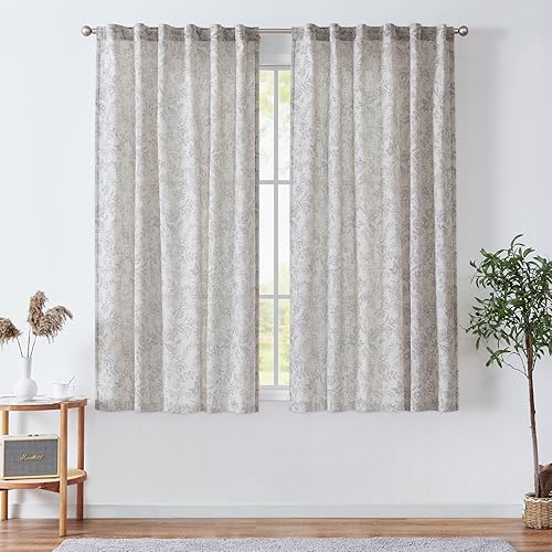 Miniatura 2 de jinchan Cortinas florales de lino para sala de estar, cortinas grises de campo francés, cortinas de 84 pulgadas de largo que filtran la luz para