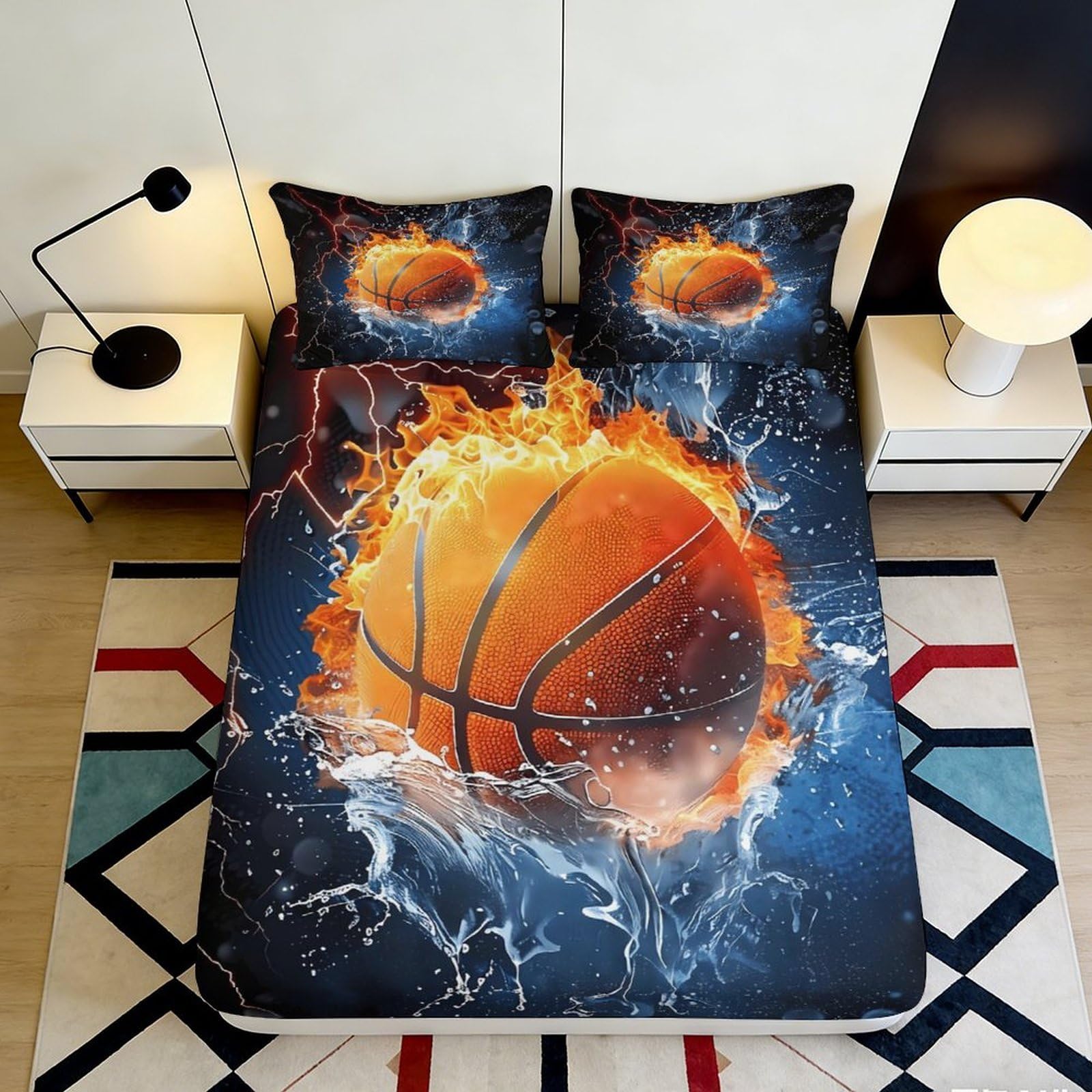 3D Printed Fire Basketball Fitted Sheet Microfiber Deep Pocket Bedroom Bedding Flame Basketball Mattress Fitted Cover Non-Slip Full Wrap for Adults 140x200x25cm