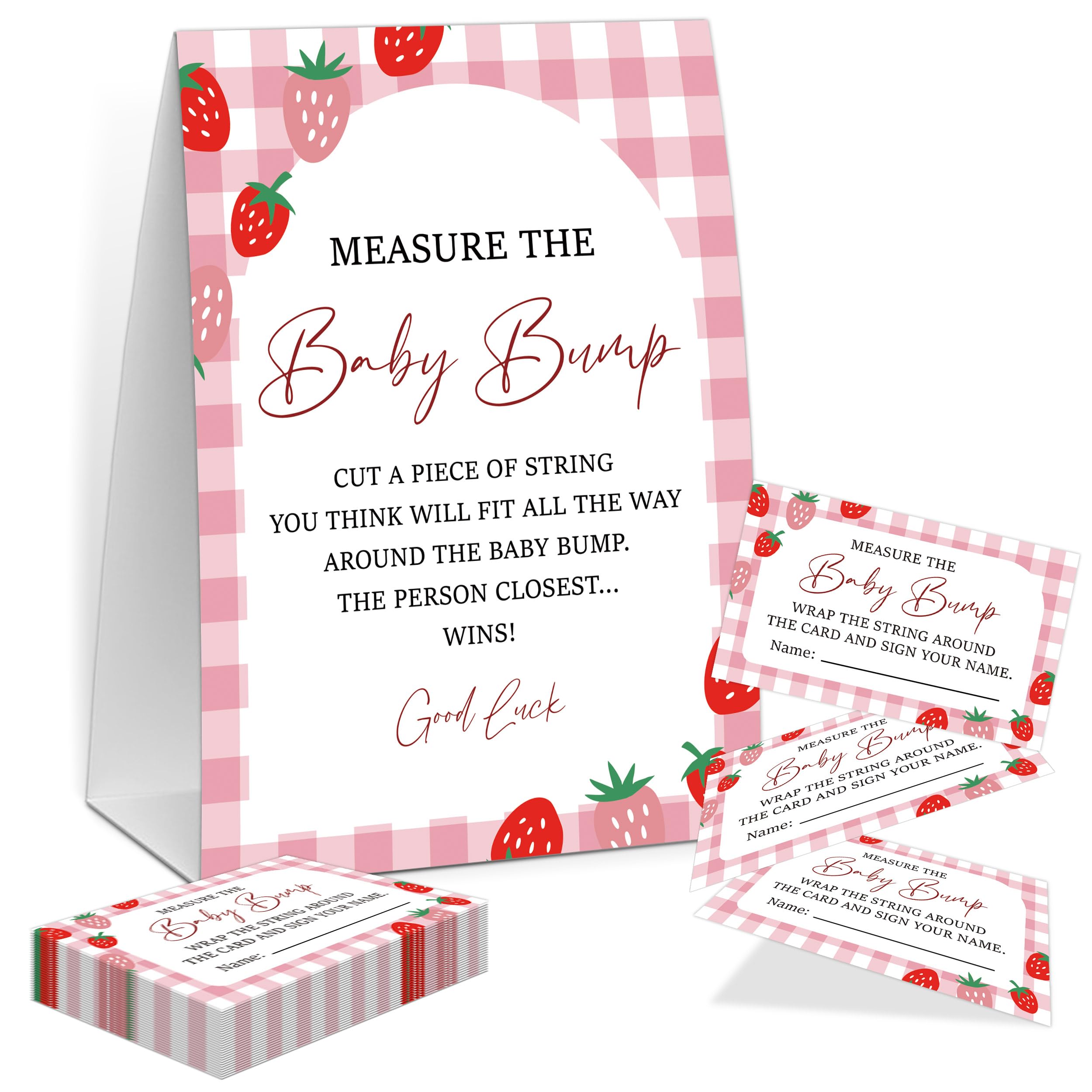 Pink Gingham Berry Measure the Baby Bump Game, Baby Shower Game, Include One 5×7 Sign and 50 Guessing Cards, Strawberry Gender Reveal Party Decoration Supplies - FI07