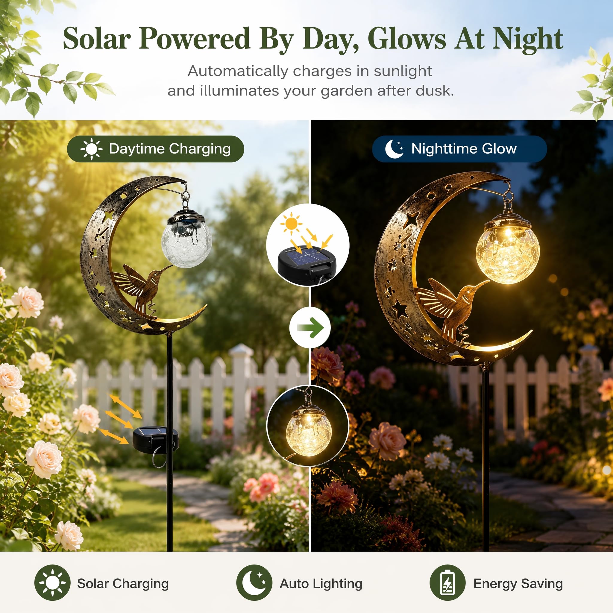 Kolibri Mond Solarleuchten Garten, wasserdichte Solar-Gartenstatuen, 2 | Halbmond-LED-Weg-Dekor mit Vogel, Craquelé-hängende Glaskugel aus Metall, Halbmond, für Hof, Weg, Rasen, Terrasse, Dekor