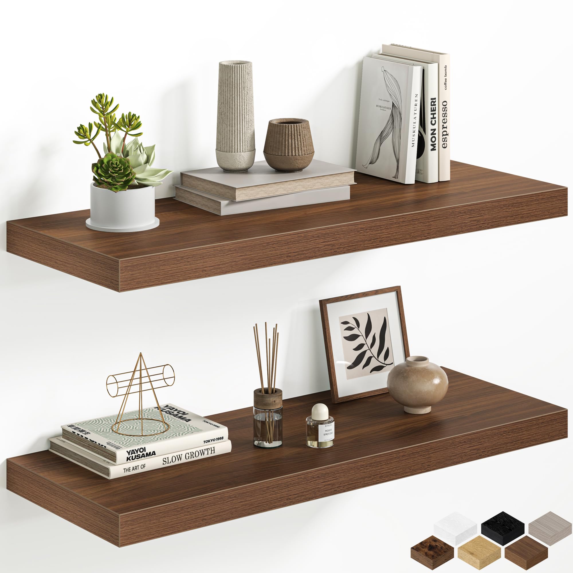 View 1 of 12 Inch Deep Floating Shelves, 32W x 12D Floating Shelf for Books, Rustic Wood Deep Wall Shelves for Home Storage & Display, 1.5" Thicked Shelves for Kitchen, Living Room, Bedroom, Walnut, ***ONLY 1***
