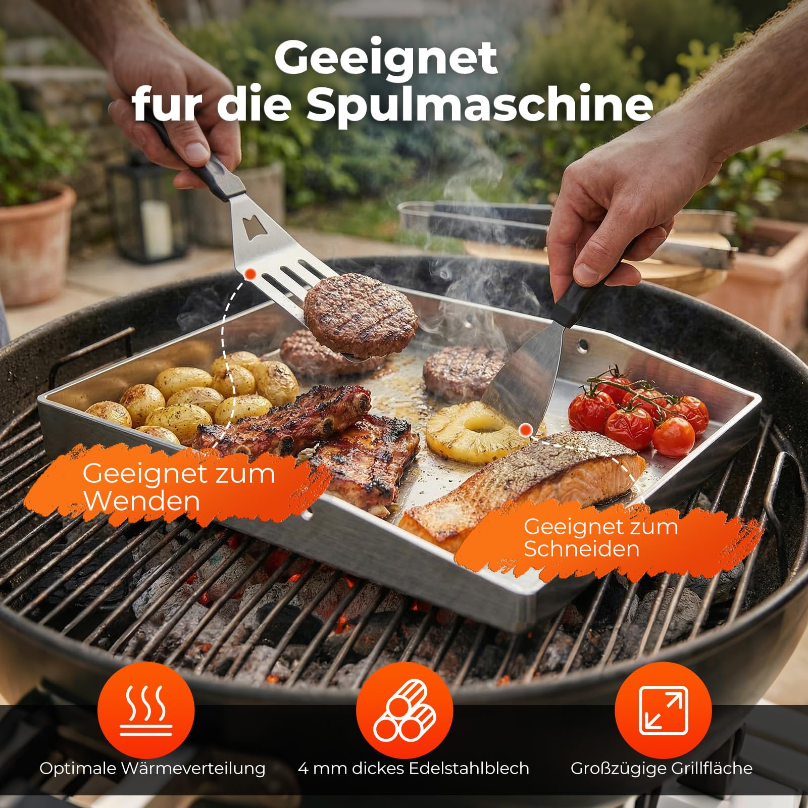 Plancha Grillplatte 40 x 30 cm mit Perforation, 4 mm Edelstahlplatte, hitzebeständig & verformungsfrei, geeignet für Burger, Gemüse, Fisch und Steak. Inklusive Grillspatel und abnehmbarem Griff.