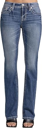 Miss Me Women's Fleur de Lis Wings Embellished Faux Flap Pockets Mid-Rise Bootcut Jeans