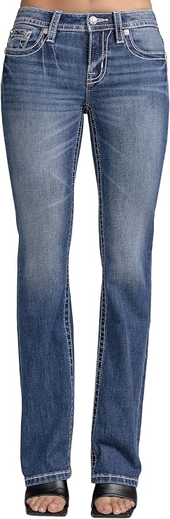 Miss Me Women's Fleur de Lis Wings Embellished Faux Flap Pockets Mid-Rise Bootcut Jeans