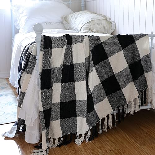 Miniatura 4 de IKATYARN Manta de felpilla a cuadros blancos y negros, manta de felpa aterciopelada con flecos, 50 x 60 pulgadas