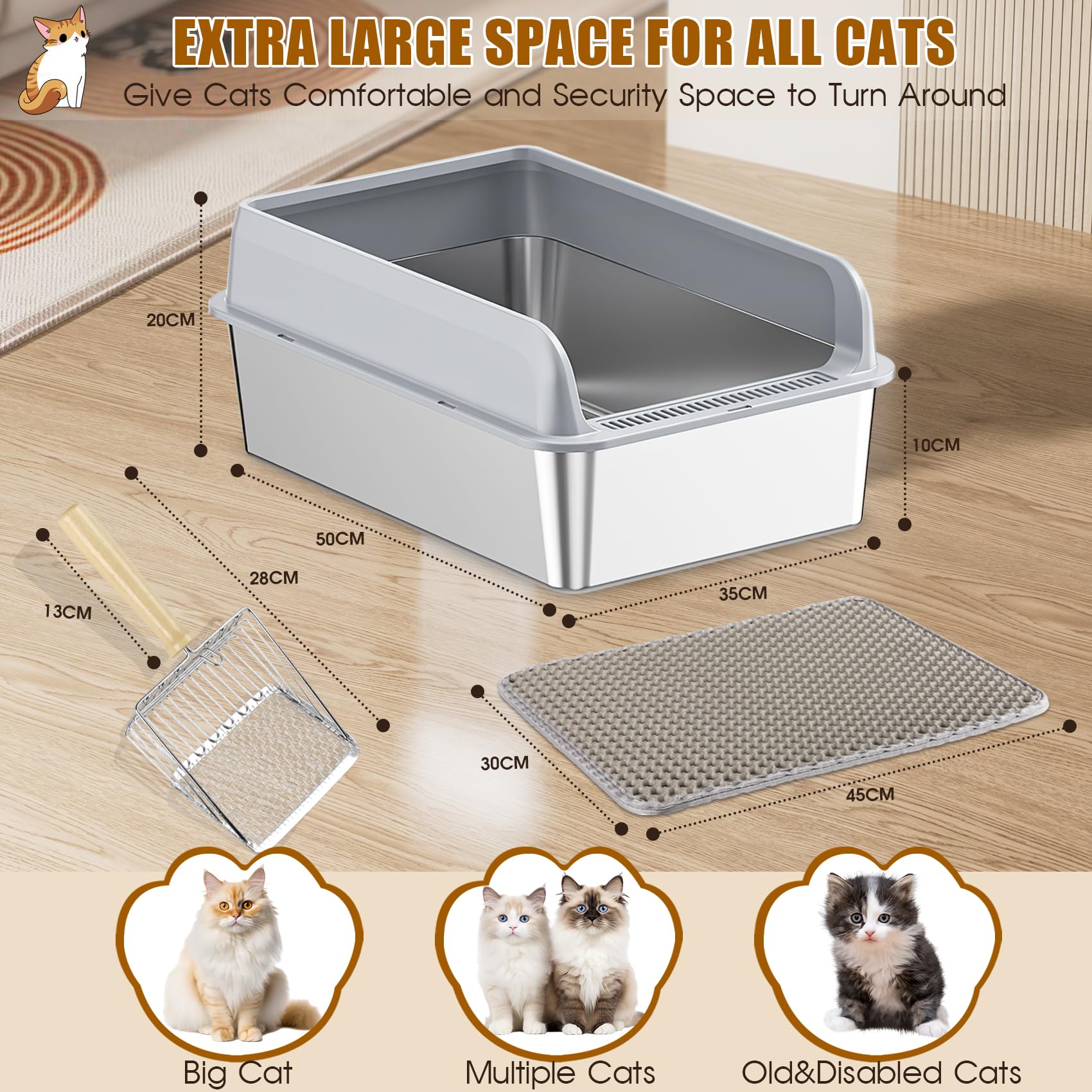 LADYSONS Lettiera per Gatti in Acciaio Inox, Grande, A Prova di Perdite, Facile da Pulire, Con Paletta e Tappetino, 50 x 35 x 20 cm