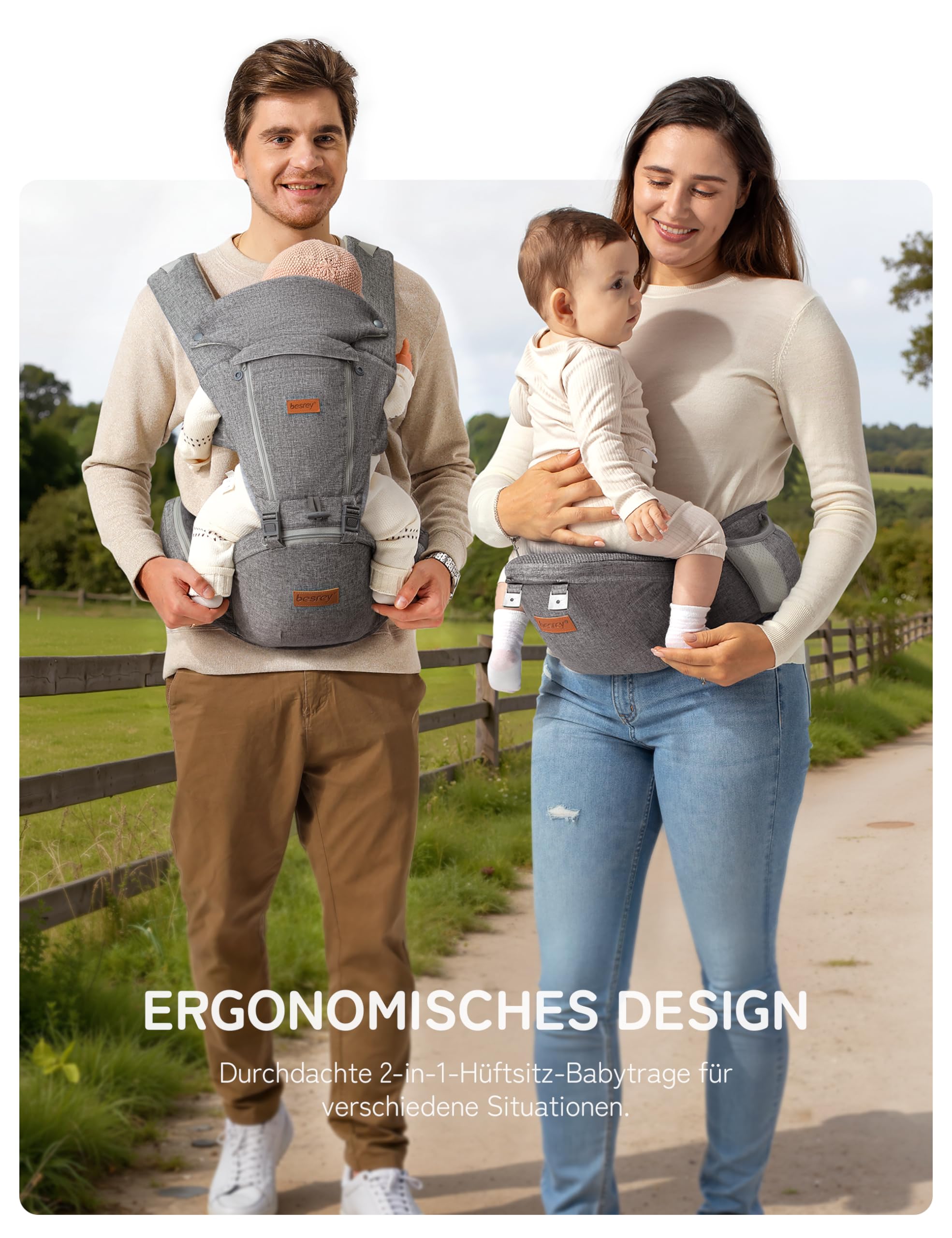 besrey Babytrage, Ergonomische Baby Trage mit Hüftsitz, Baby Carrier mit Lendenstütze, 6 Tragepositionen, Verstellbarer Tragegurt für Babys und Kleinkinder von 4–36 Monaten, Inkl. Sabberlatz