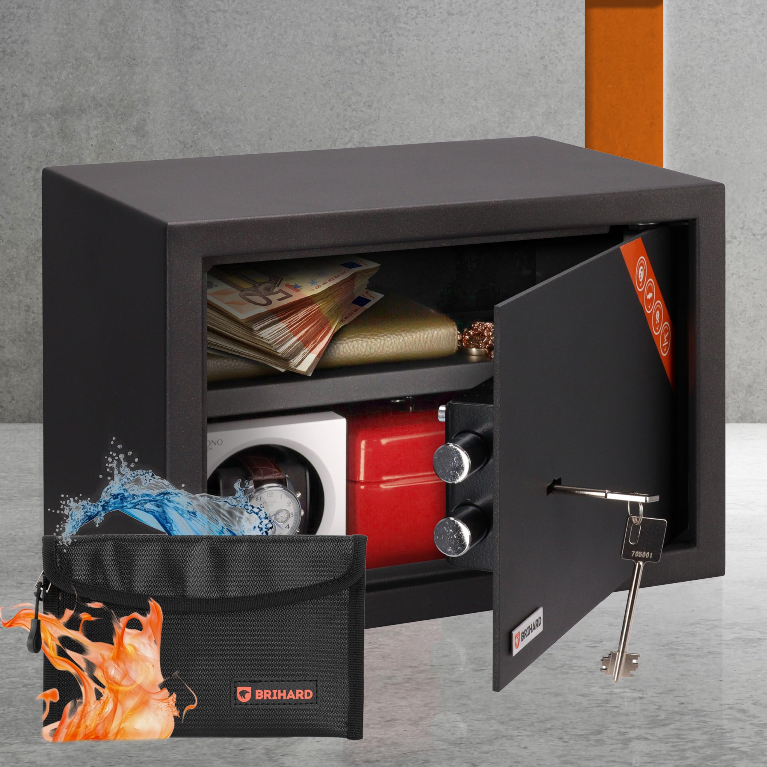 Family Cassaforte con Chiave e Borsa Ignifuga – Cassaforte da Armadio di Sicurezza da 20L (25x35x25 cm) con Ripiano Rimovibile – Ideale per Documenti A4, Gioielli, Contanti e Documenti