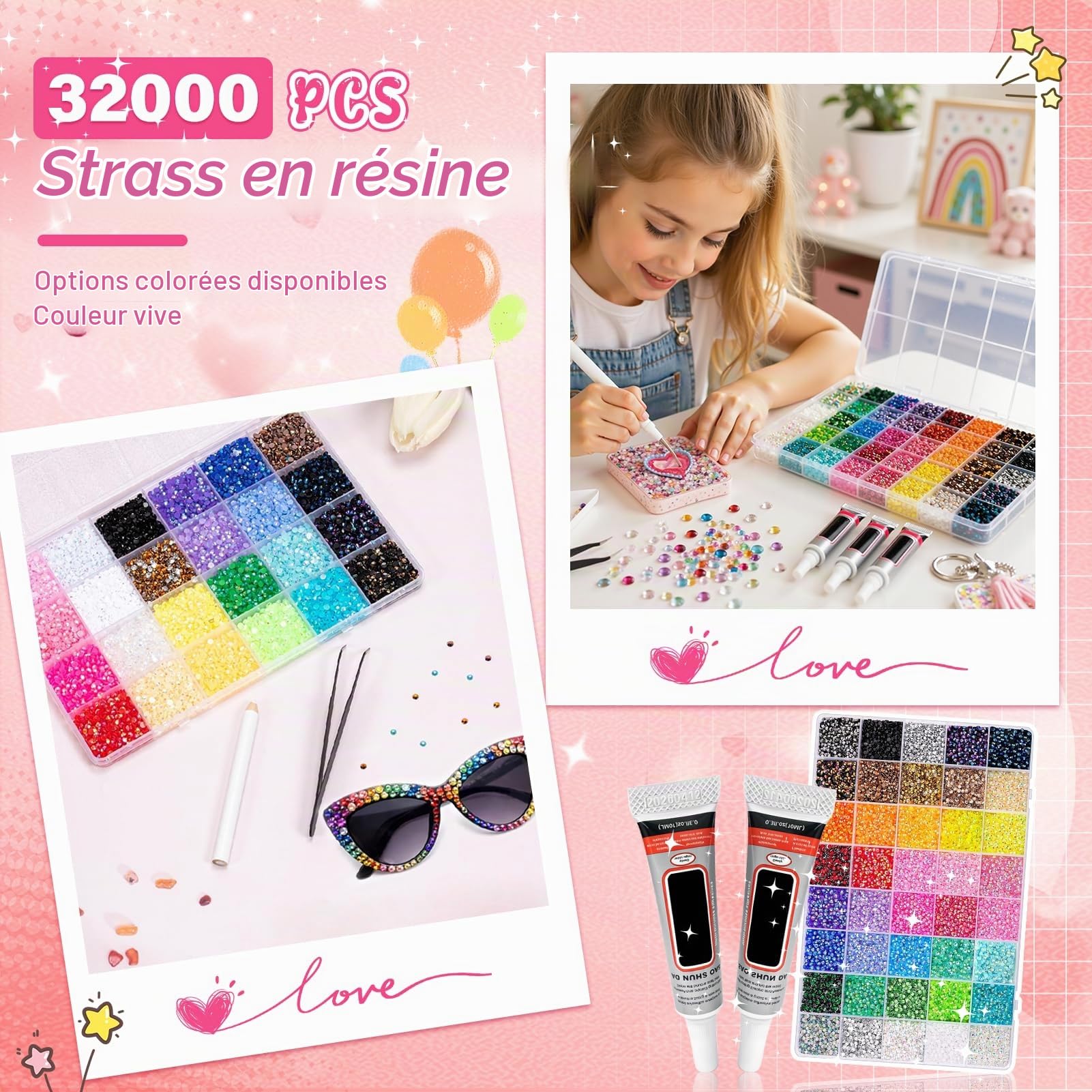 Strass en Résine pour Travaux Manuels: Lot de 32 000 3 mm 40 Couleurs 3 mm Kit éblouissant avec 3 pièces de Colle pour Travaux Manuels Tasses Chaussures Tissu Nail Art