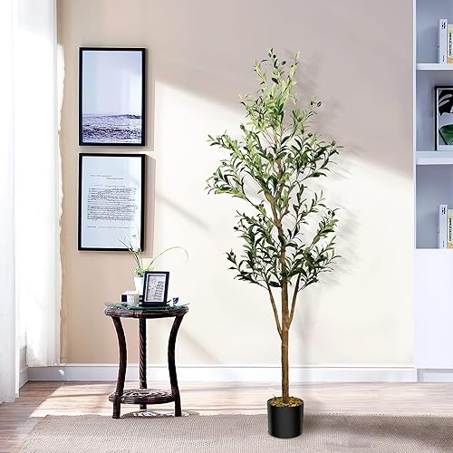 Fikowo Árbol de olivo sintético de 6 pies, olivo artificial para interiores, árbol de seda de olivo falso en maceta con tronco de madera natural y