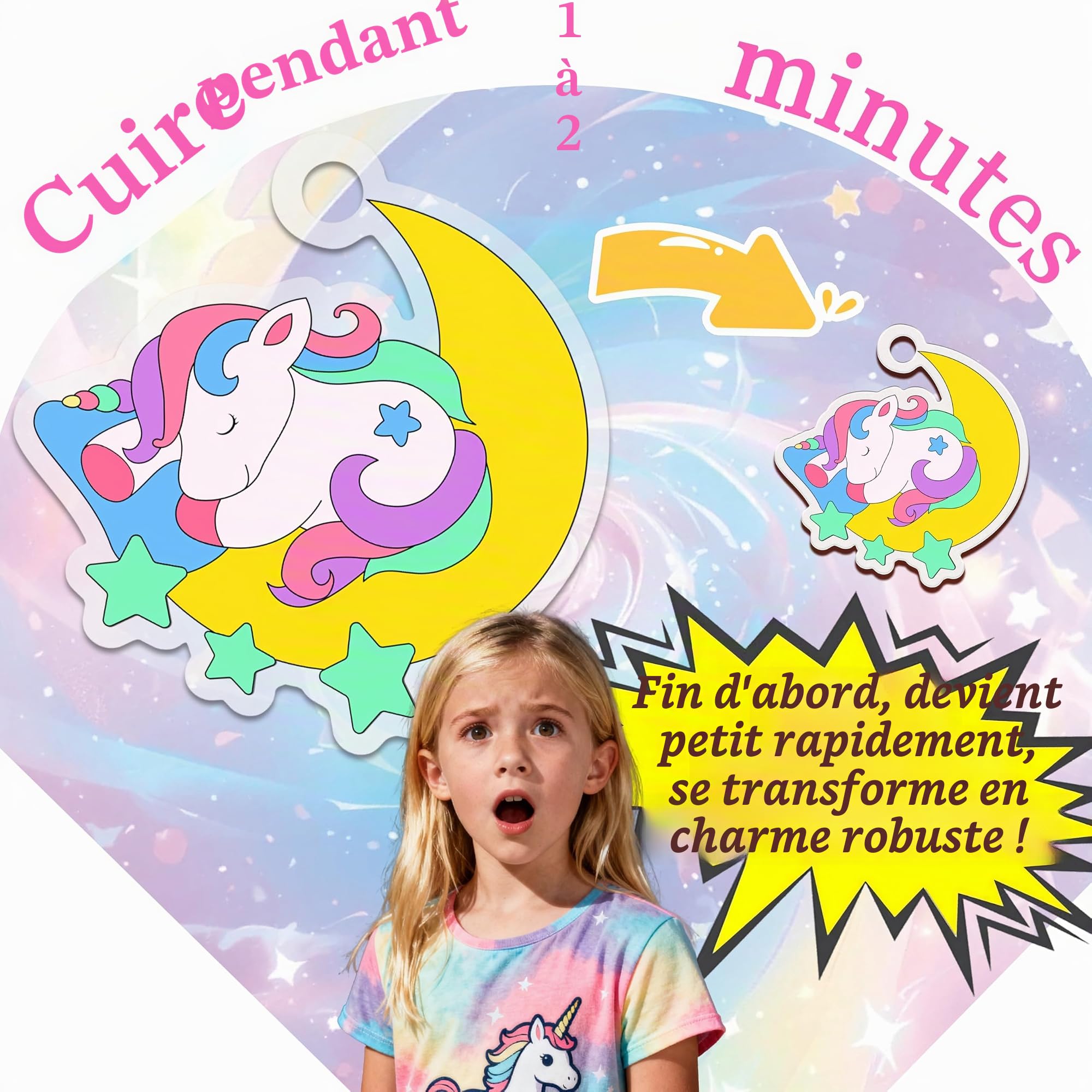 63 pièces Kit de loisirs créatifs Licorne en film rétractable pour enfants, 24 modèles enchanteurs, 12 stylos à double pointe, colliers de perles,rubans cirés et porte-clés à peindre soi-même À partir