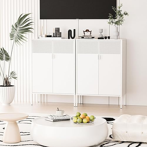 Miniatura 7 de Armario de almacenamiento de metal con 2 puertas de malla con estantes ajustables, gabinete de almacenamiento blanco multiusos, gabinete de oficina