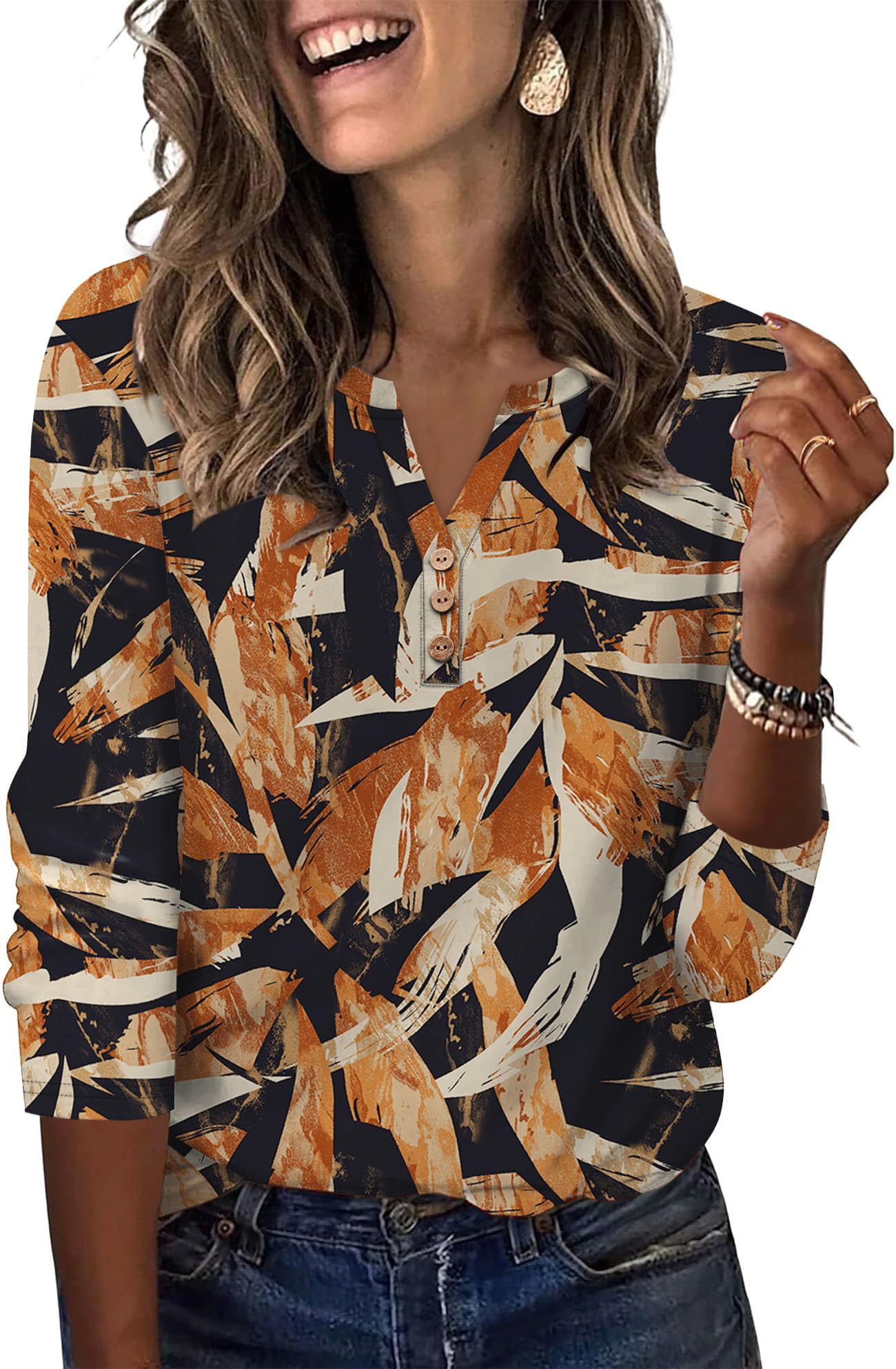 Aokosor Womens 3/4 Sleeve Tops Ladies Blouse V Neck Tunic Long Sleeve T Shirts Curved Hem Office Wear — view 15