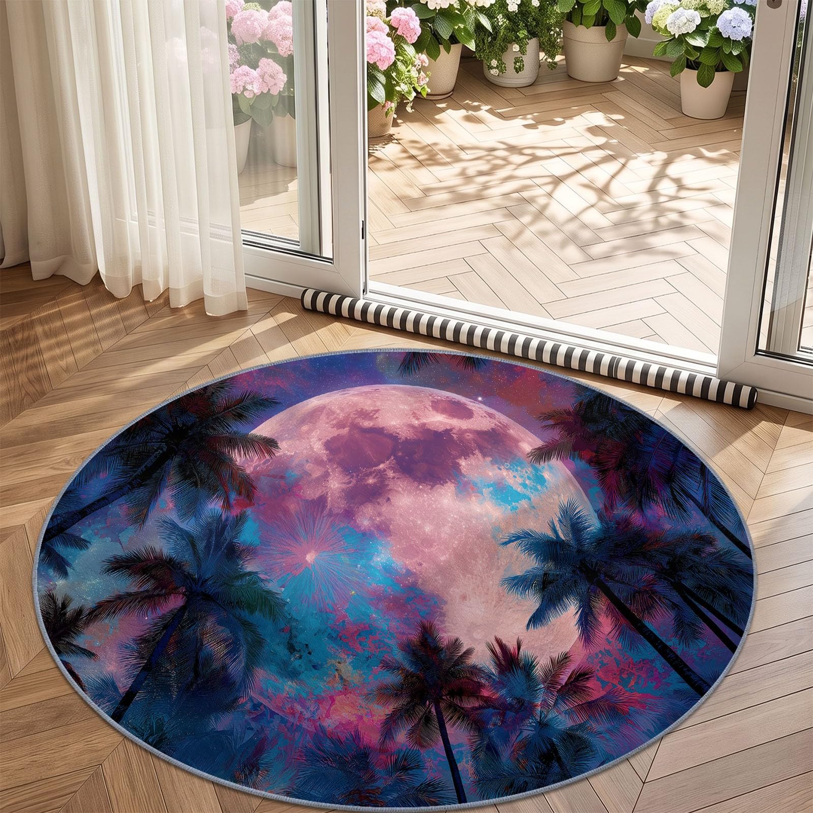 Tapis Rond 150 cm, Tapis Psychédélique Lune Étoiles Arbres Lavable en Machine pour Salon - Cercle antidérapant - Multicolore imprimé pour Salle à Manger Chambre d’Enfant nurserie