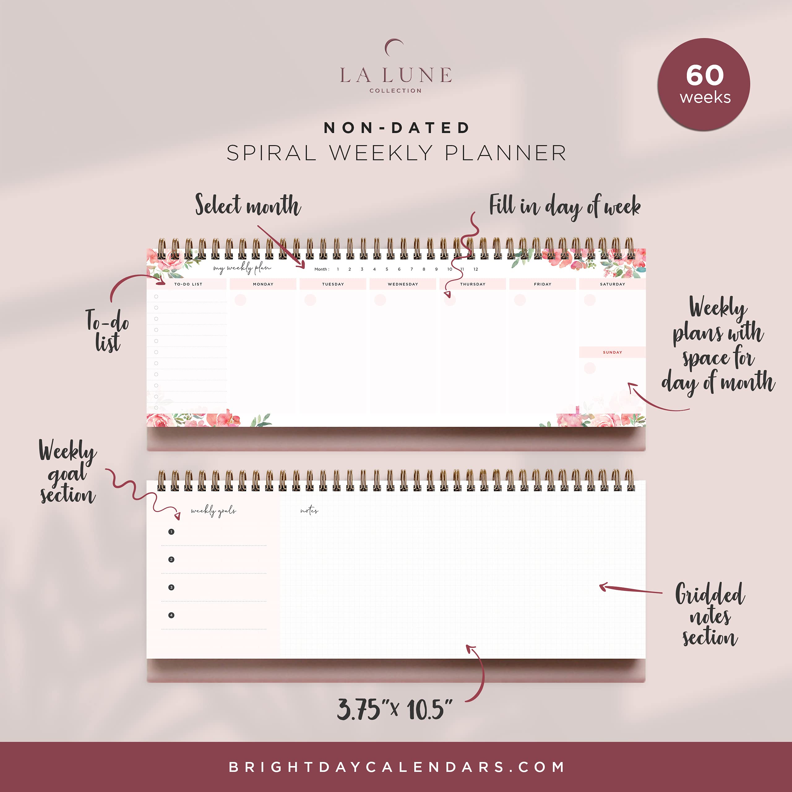 Belle Fleur Non-Dated Spiral Weekly Desk Calendar Planner, 60 Week Inspirational to Do List Pad Desktop Stand, 3.75" x 10.5", La Lune Collection by Bright Day - Image 3