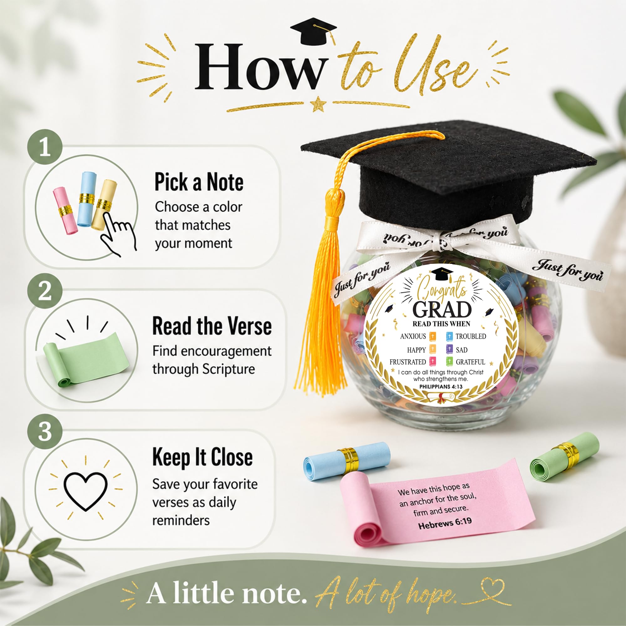 Graduation Bible Verses Jar with Grad Cap and Meaningful Cards, 2026 Graduation Gift for Him Her, Cute Congrats Class Middle High School College Congrats Grad Decor
