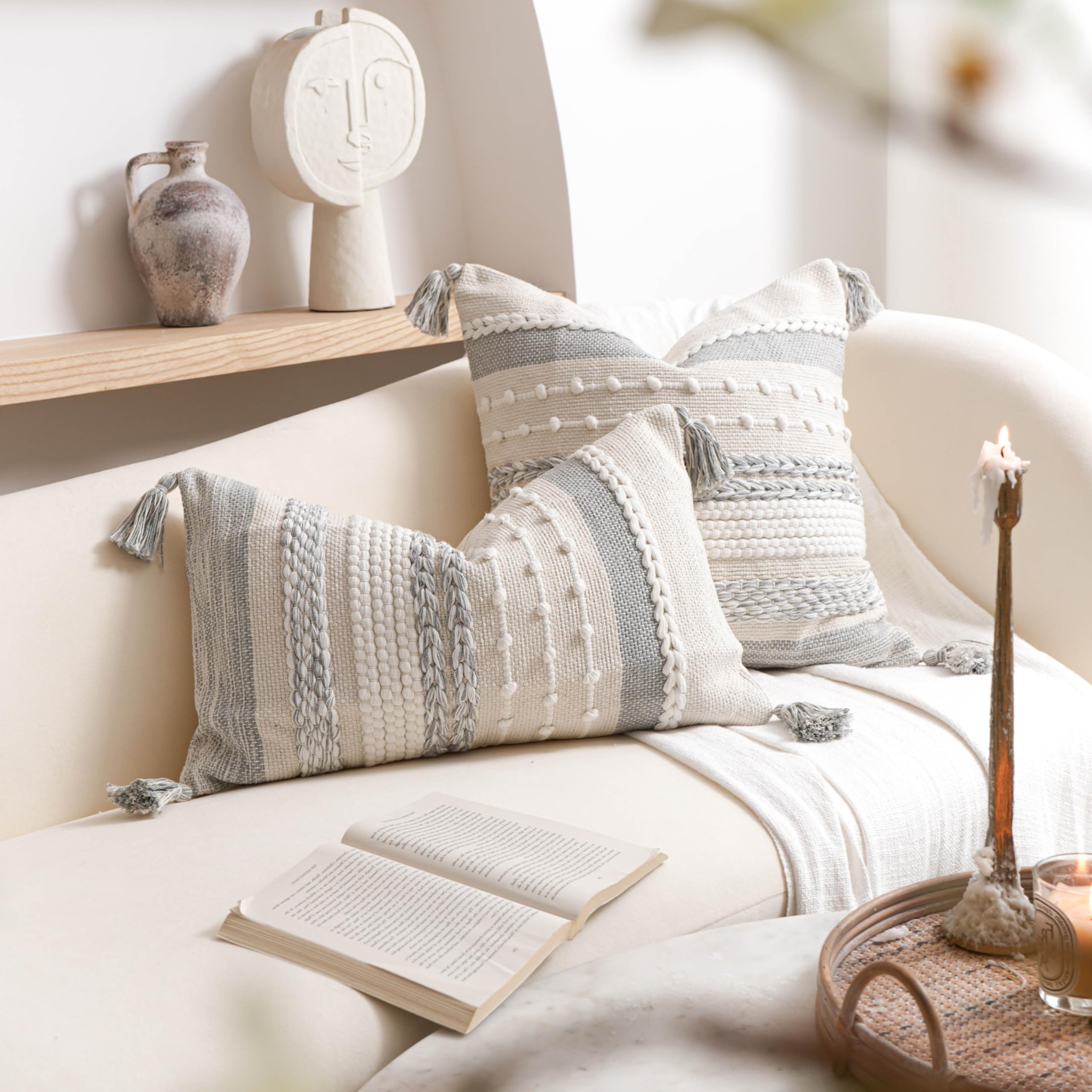 BlissBlush Boho-Kissenbezug, dekorativ, quadratisch, Landhaus-Akzentkissen für Couch, Sofa, Wohnzimmer, Schlafzimmer, modernes Heimdekor, 45,7 x 45,7 cm, Grau, 1 Stück