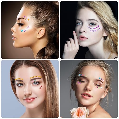 Miniatura 5 de OIIKI 4 hojas de gemas coloridas de estrellas y corazones, gemas faciales de cristal acrílico, calcomanías de maquillaje cuadradas redondas para