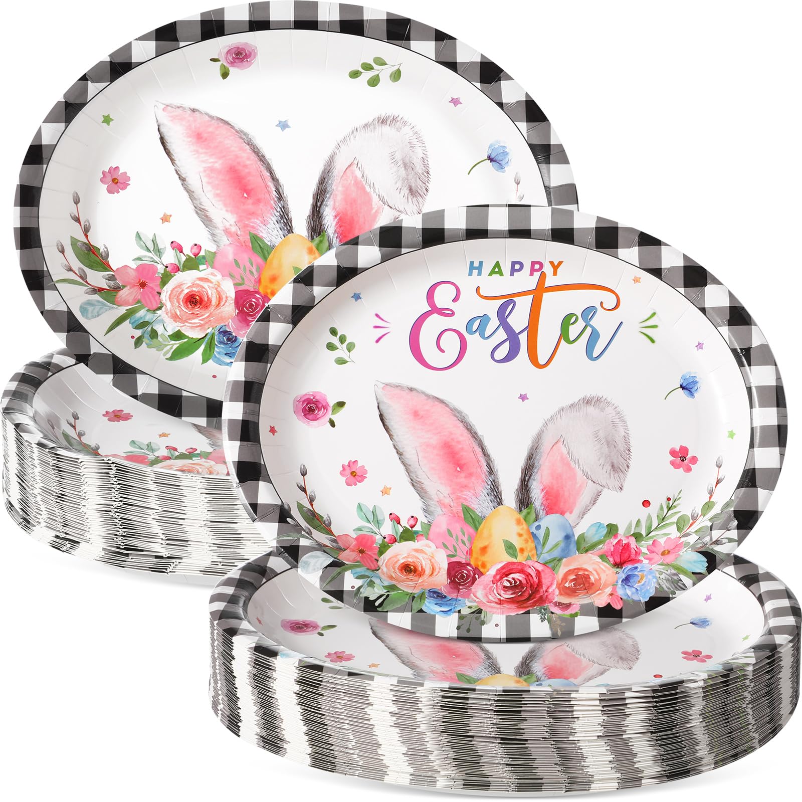 Assiettes de Pâques jetables motif floral et lapin en lot de 100